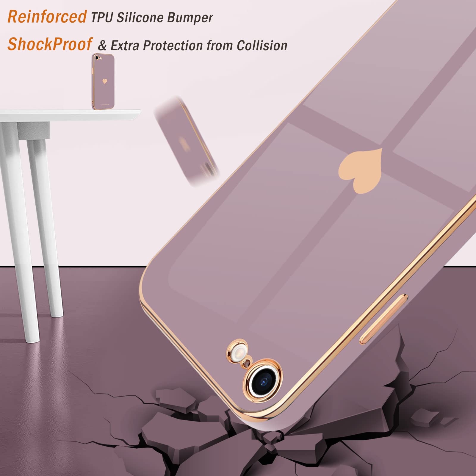 Teageo Cute Heart Pattern iPhone Case - Slim Luxury Bling Plating Soft TPU Shockproof Bumper Compatible with iPhone SE 2022/SE 3/SE 2020/8/7 (Lavender) - Perfect Gift for Women & Girls, Ideal for Daily Use, Work, and Travel Protection