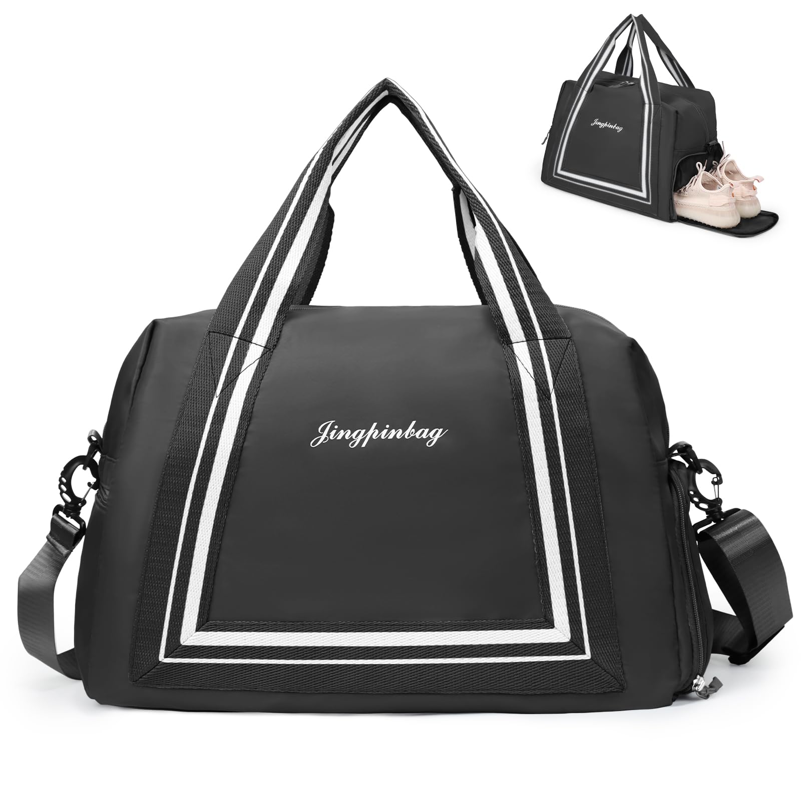 VOOWO Travel Duffle Bag for Women & Men - Lightweight Gym Bag with Shoe Compartment, Carry On Duffel for Airplane, Personal Item Weekender Overnight Bag - Perfect for Gym, Travel, Weekend Getaways & Business Trips (Black)