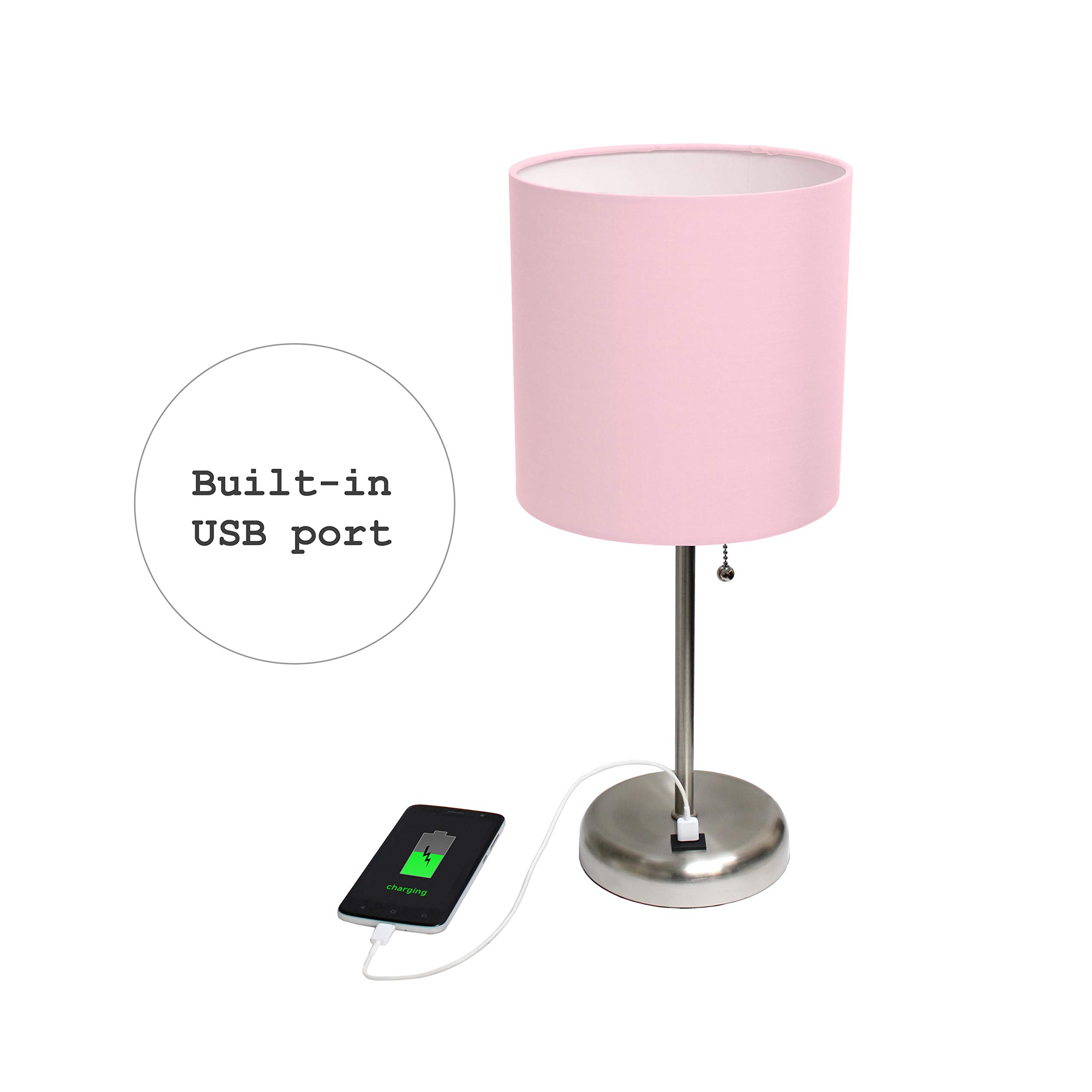 Simple Designs LT2044-LPK Brushed Steel Desk Lamp with USB Charging Port & Light Pink Drum Fabric Shade - Perfect for Home Office, Study, Bedroom Nightstand or Dorm Room Lighting
