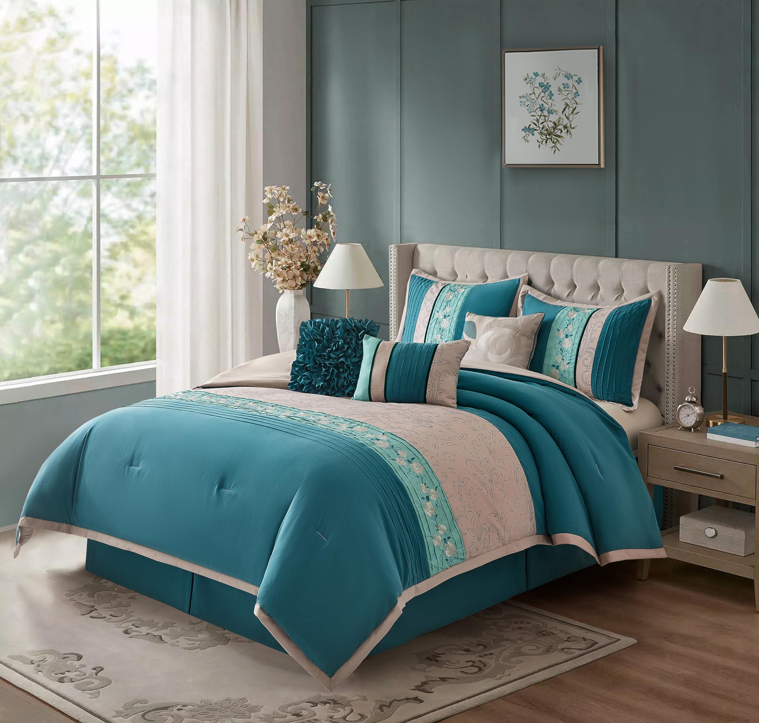 Grand Avenue Teal and Grey 7-Piece Queen Comforter Set with Pillow Shams & Bedskirt | Floral Bedding Collection for Home Decor | Perfect for Master Bedroom, Guest Room & Cozy Retreats