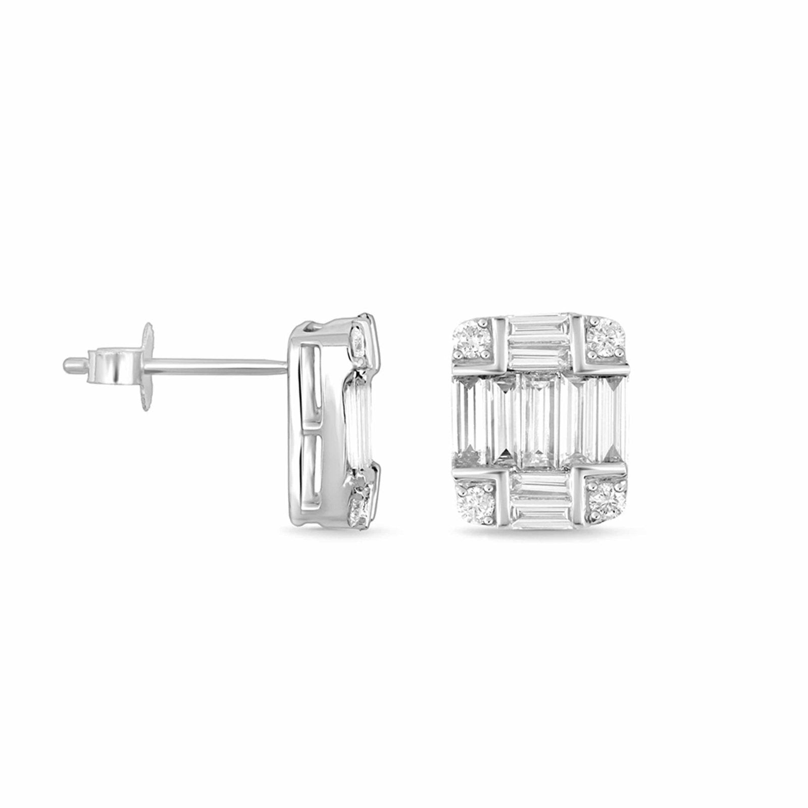 18K White Gold Diamond Baguette Illusion Stud Earrings - Elegant Wedding, Anniversary & Party Jewelry Gift for Women