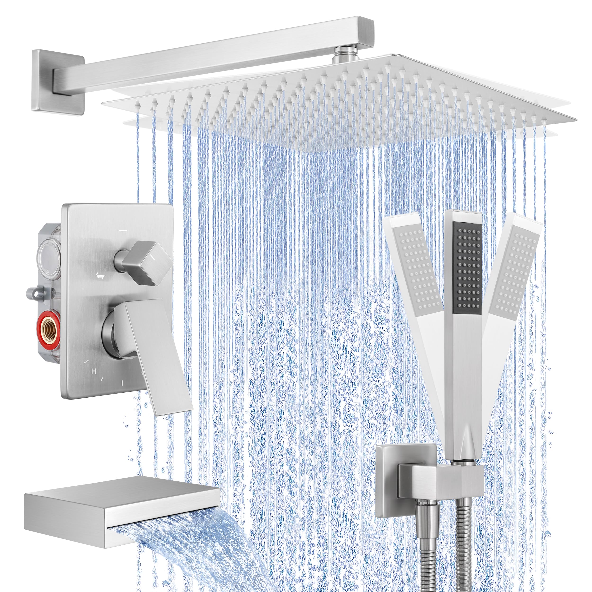 KES 12 Inch Rain Shower Faucet Set - 3-Function Shower System with Rainfall Shower Head, Handheld Shower & Tub Spout - Brushed Nickel Pressure Balance Valve (XB6305F18S12-BN) for Bathroom Remodel & Spa-Like Experience