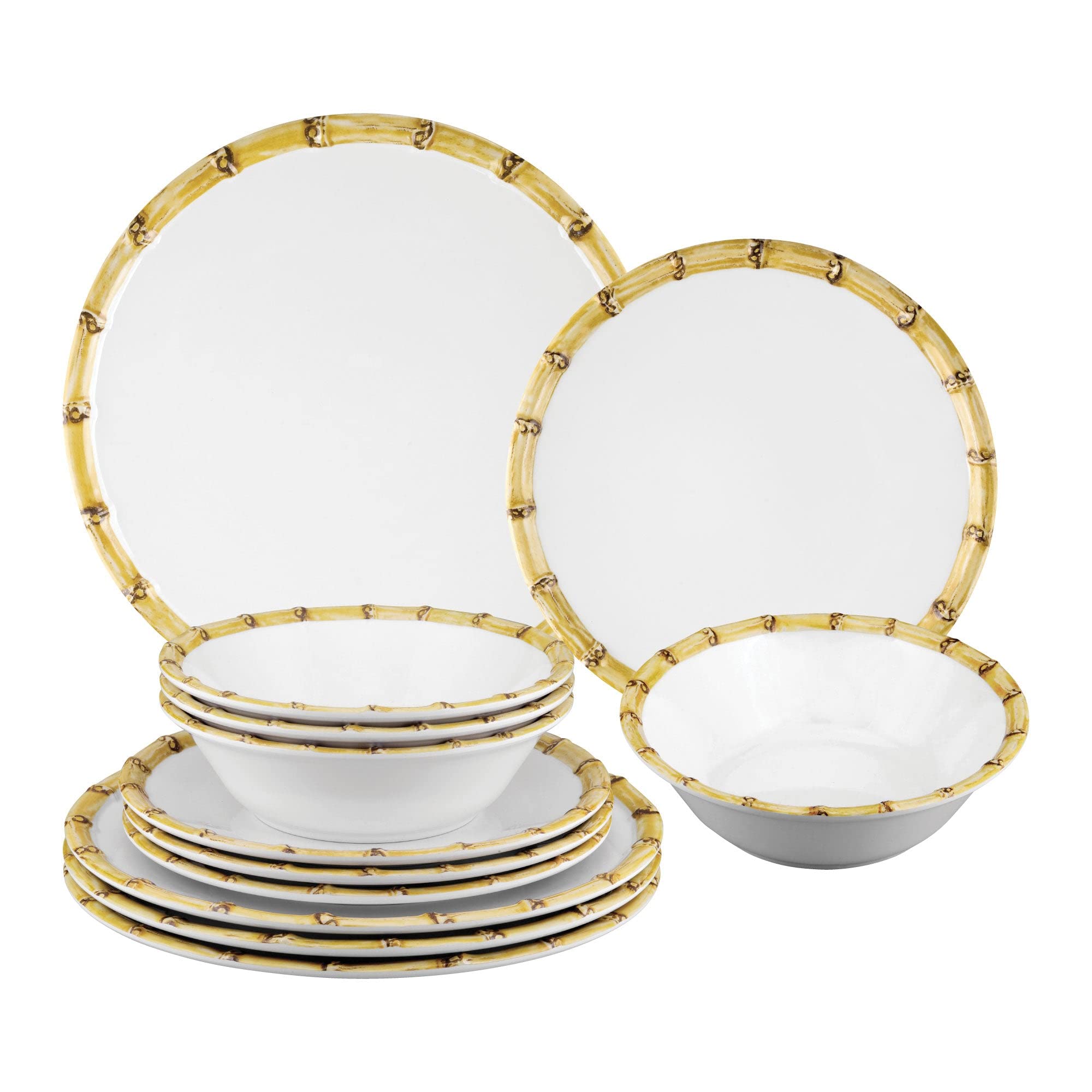 Supreme Housewares 12-Piece Bamboo Melamine Dinnerware Set - 4 Dinner Plates, 4 Salad Plates & 4 Bowls for Family Dining - Durable & Lightweight Dish Set for Indoor/Outdoor Use, Camping, Picnics & Everyday Meals