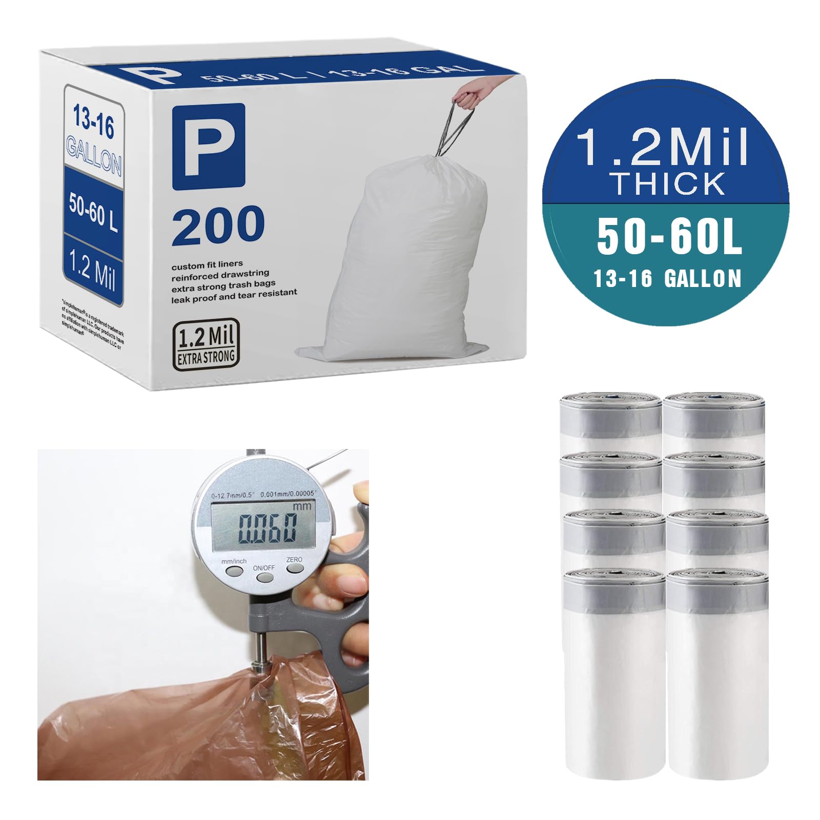 Code P Heavy Duty 13-16 Gallon Trash Bags (200 Count) - 1.2 Mil Thick, Reinforced Drawstring, Leak-Proof & Tear Resistant - Compatible with simplehuman Code P White Garbage Cans (50-60 Liter) - Perfect for Kitchen, Office & Bathroom Waste Disposal