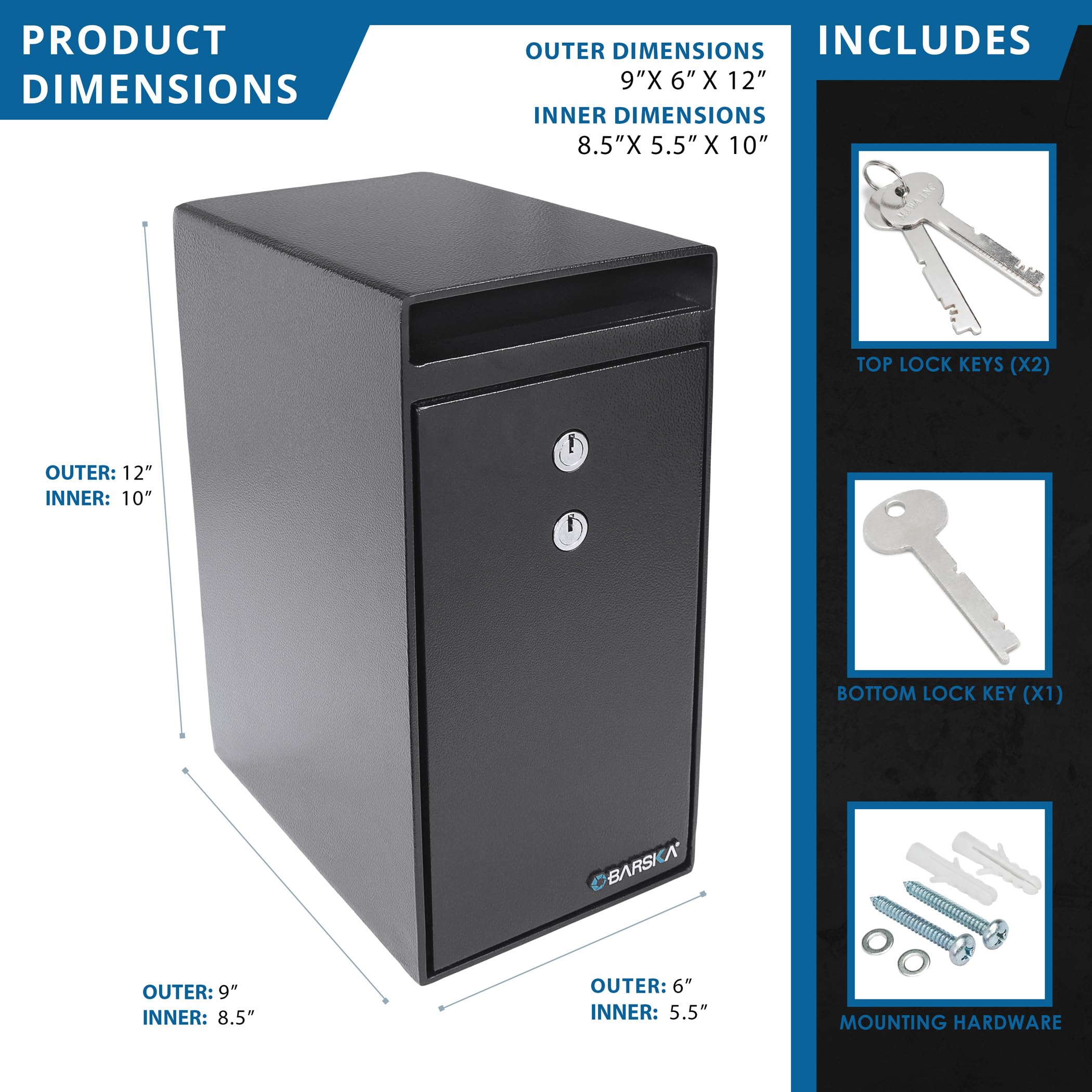 Barska Key Lock Depository Drop Safe - Secure Cash Box for Money, Receipts, Keys & Valuables | Home, Office & Retail Use for Small Business Security