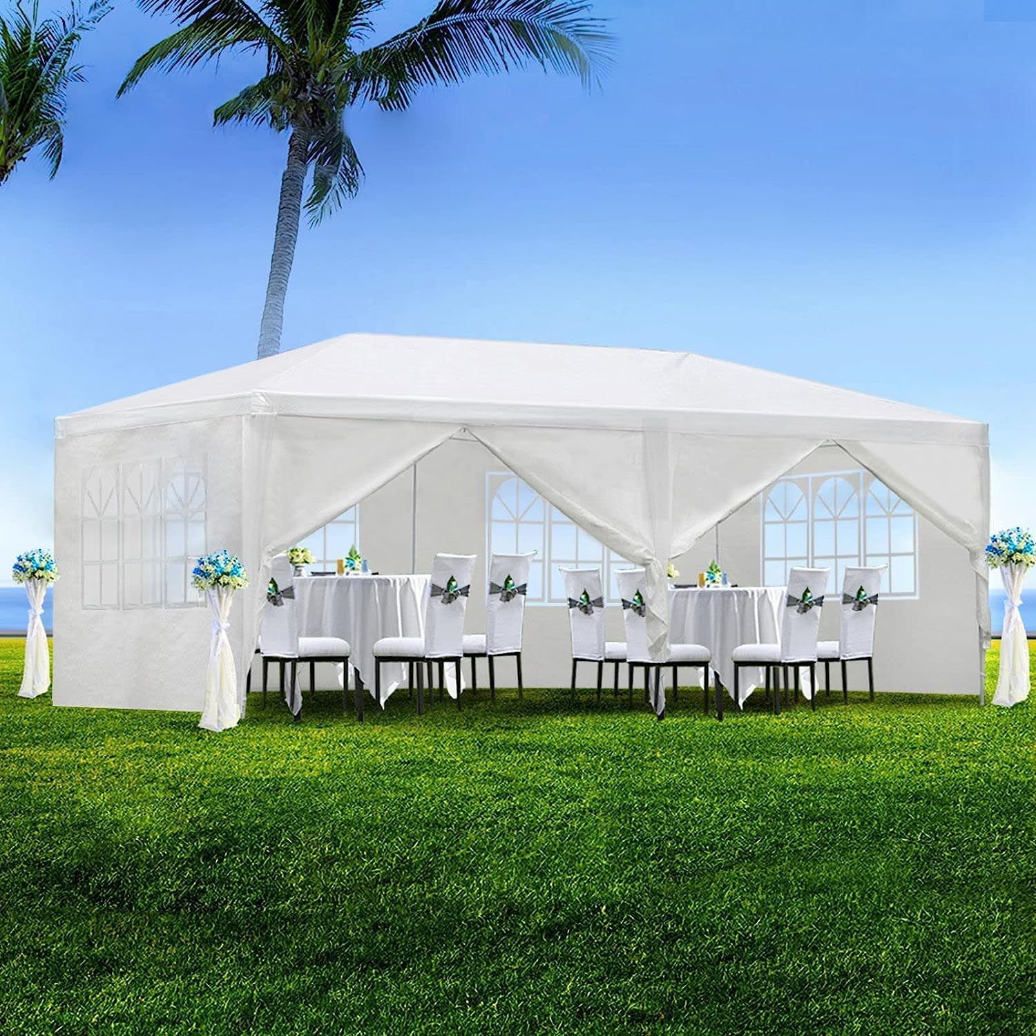 BNSPLY 10x20 FT White Outdoor Party Tent - Large Wedding & Birthday Canopy with 6 Removable Sidewalls & Transparent Windows - Perfect for Garden Events, Backyard Parties, Patio Gatherings and Outdoor Celebrations