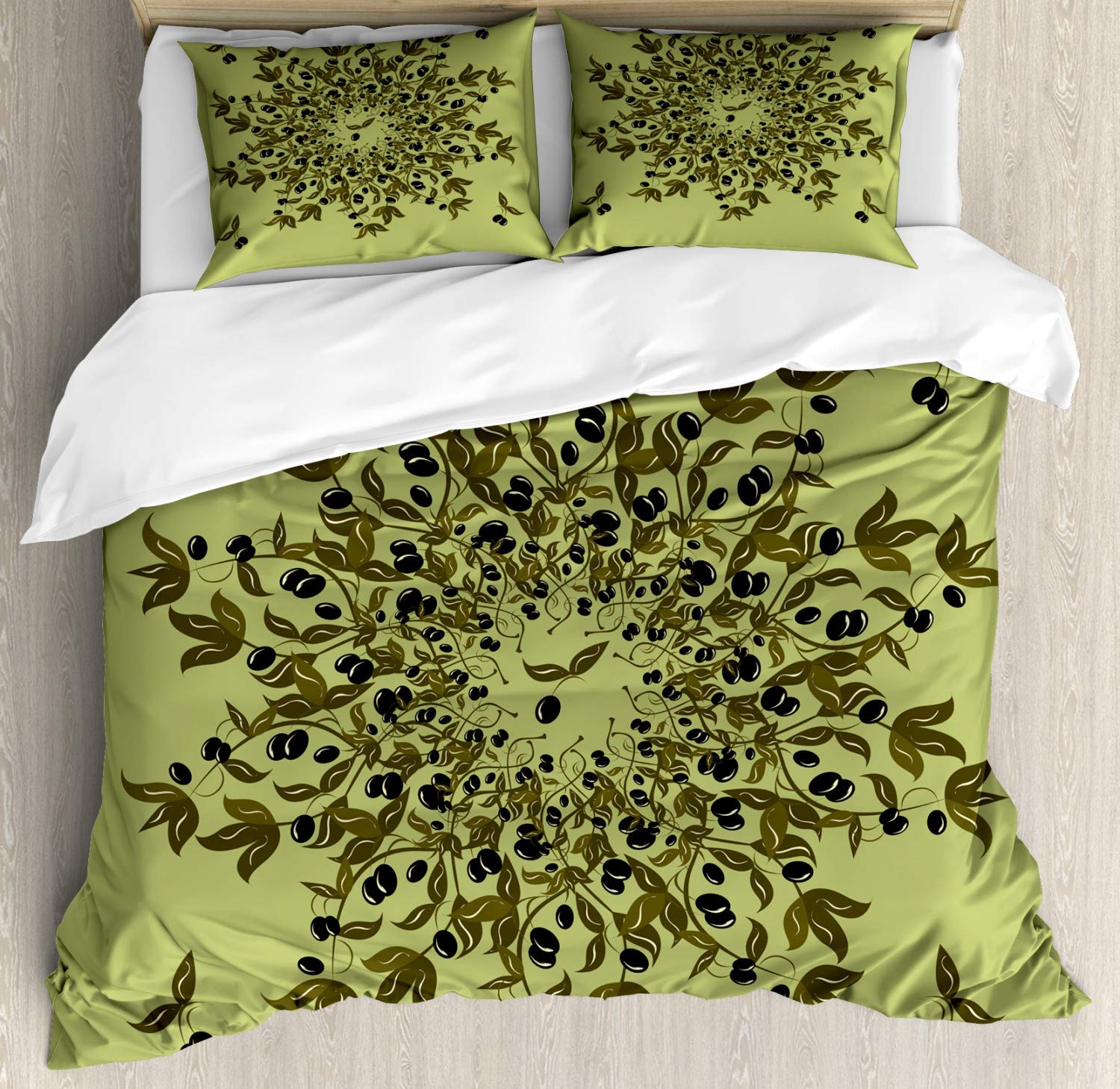 Ambesonne Olive Green Duvet Cover Set 3-Piece - Mediterranean Olive Branch Pattern with Leaves and Fruits, California King Size Bedding Set with 2 Pillow Shams - Perfect for Boho, Farmhouse, or Coastal Bedroom Decor