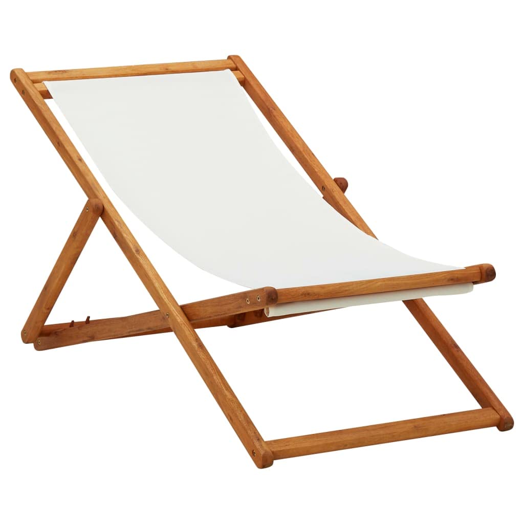 Portable Folding Beach Chair - Adjustable Reclining Lounger with Eucalyptus Wood Frame & Cream White Fabric for Outdoor, Camping, Garden, Patio, Balcony - Perfect for Sunbathing, Relaxing & Travel