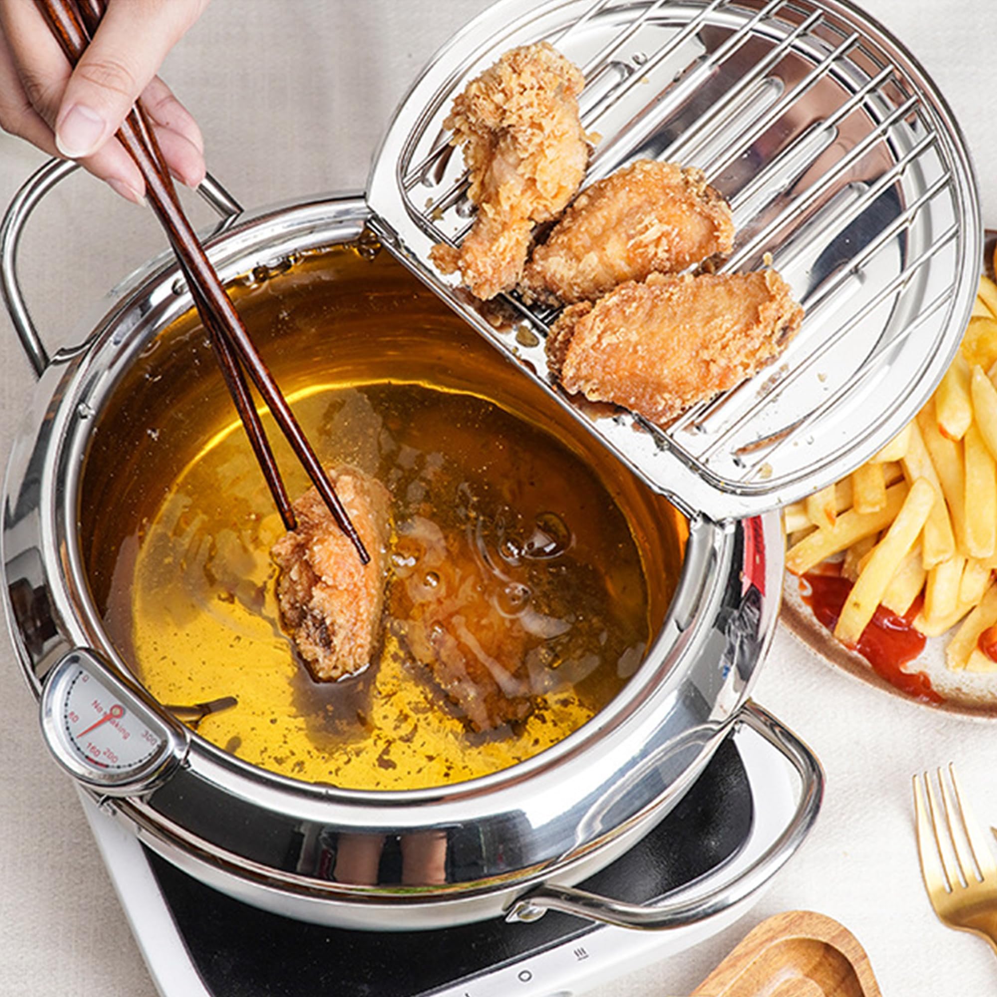 Japanese Style Tempura Deep Fryer Pot with Thermometer, Lid & Oil Drip Rack - 7.9 Inch 2.2L 304 Stainless Steel for French Fries, Fish, Shrimp, Chicken - Perfect for Home Kitchen, Restaurants & Party Cooking