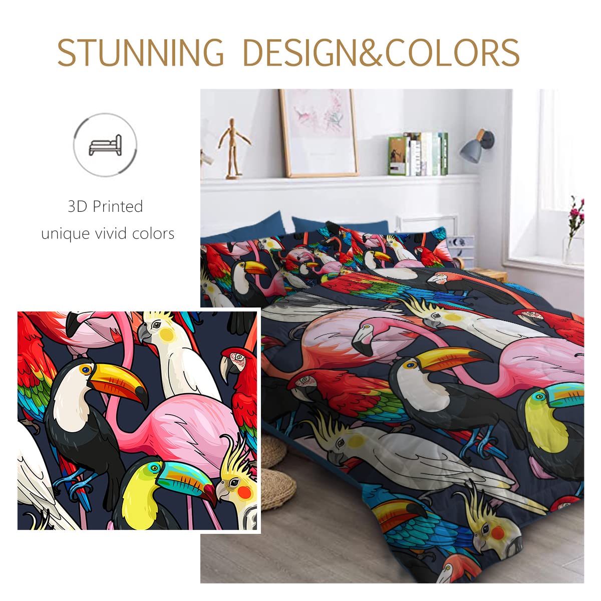BlessLiving 8-Piece Tropical Bird Comforter Set - Exotic Wildlife Queen Size Bedding with Comforter, Sheets, Pillowcases, Shams & Cushion Cover - Perfect for Jungle Themed Bedrooms & Wildlife Lovers