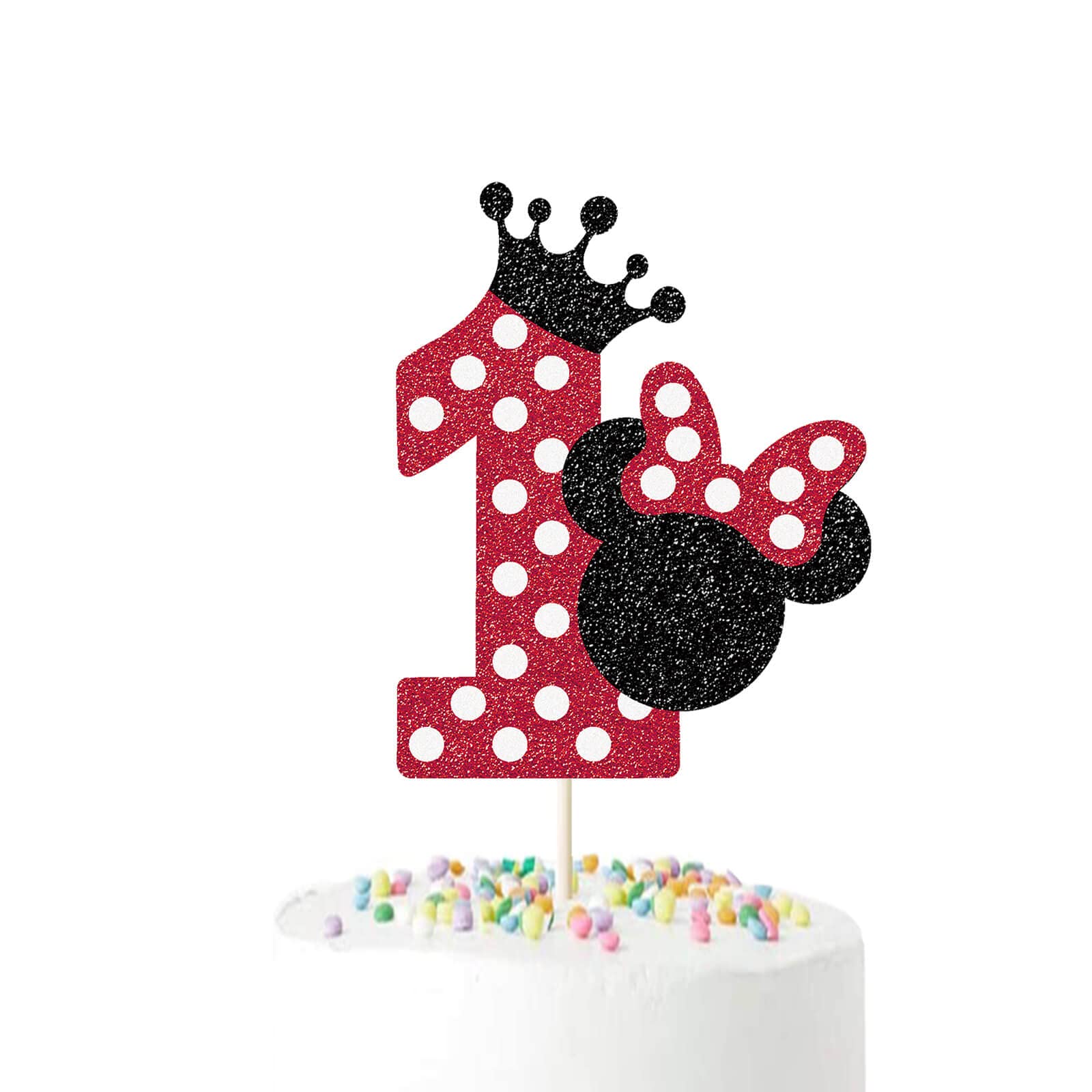 Minnie Mouse 1st Birthday Cake Topper - Red & Black Glitter Minnie Themed Cake Decorations for 1st Birthday Party Supplies | Perfect for Baby Girl's First Birthday, Disney Themed Parties & Milestone Celebrations