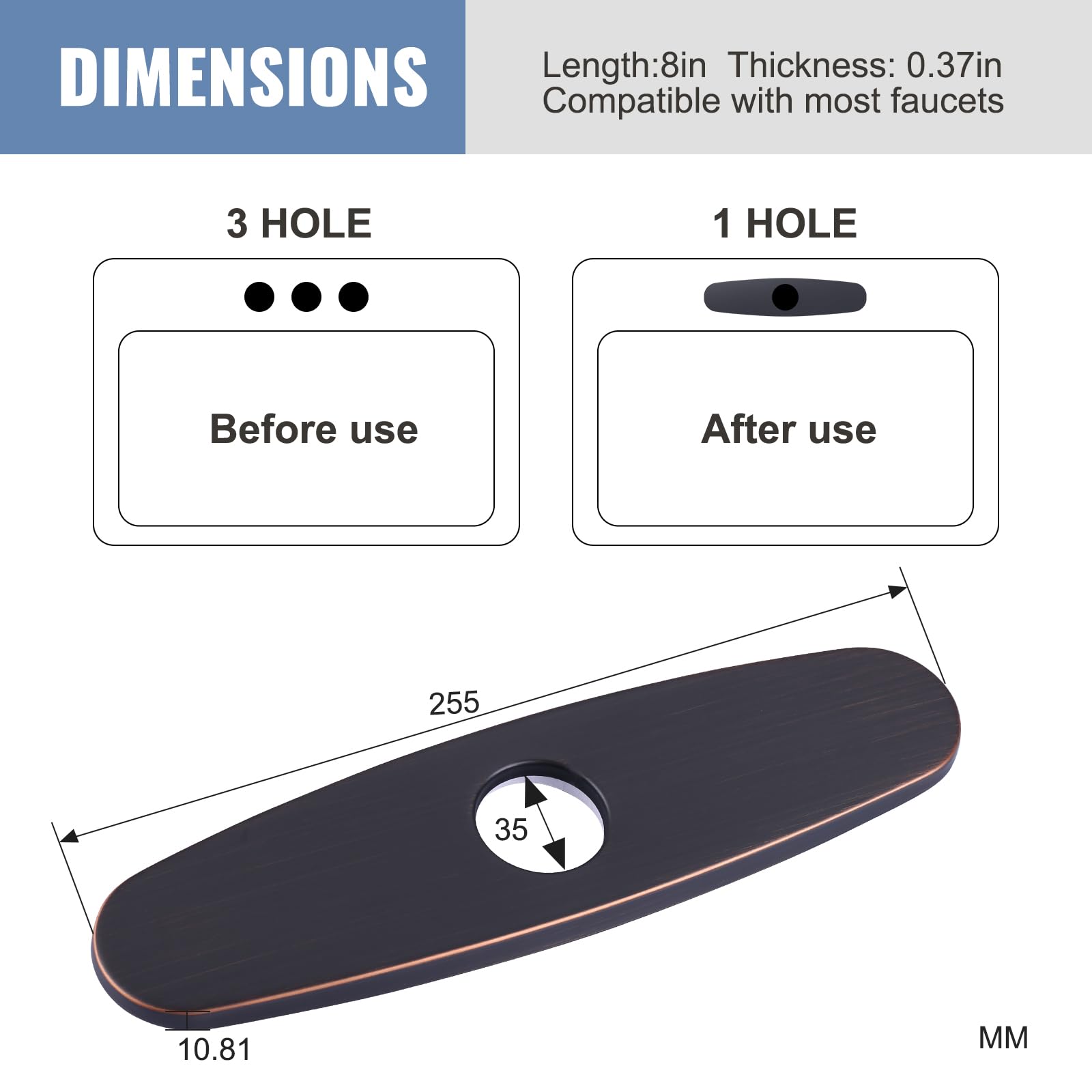 Stainless Steel Faucet Plate Cover for 1 or 3 Hole Kitchen & Bathroom Sink - 10 Inch Oiled Rubbed Bronze Escutcheon Hole Cover - Perfect for Modern Home, Restaurant, and Commercial Use