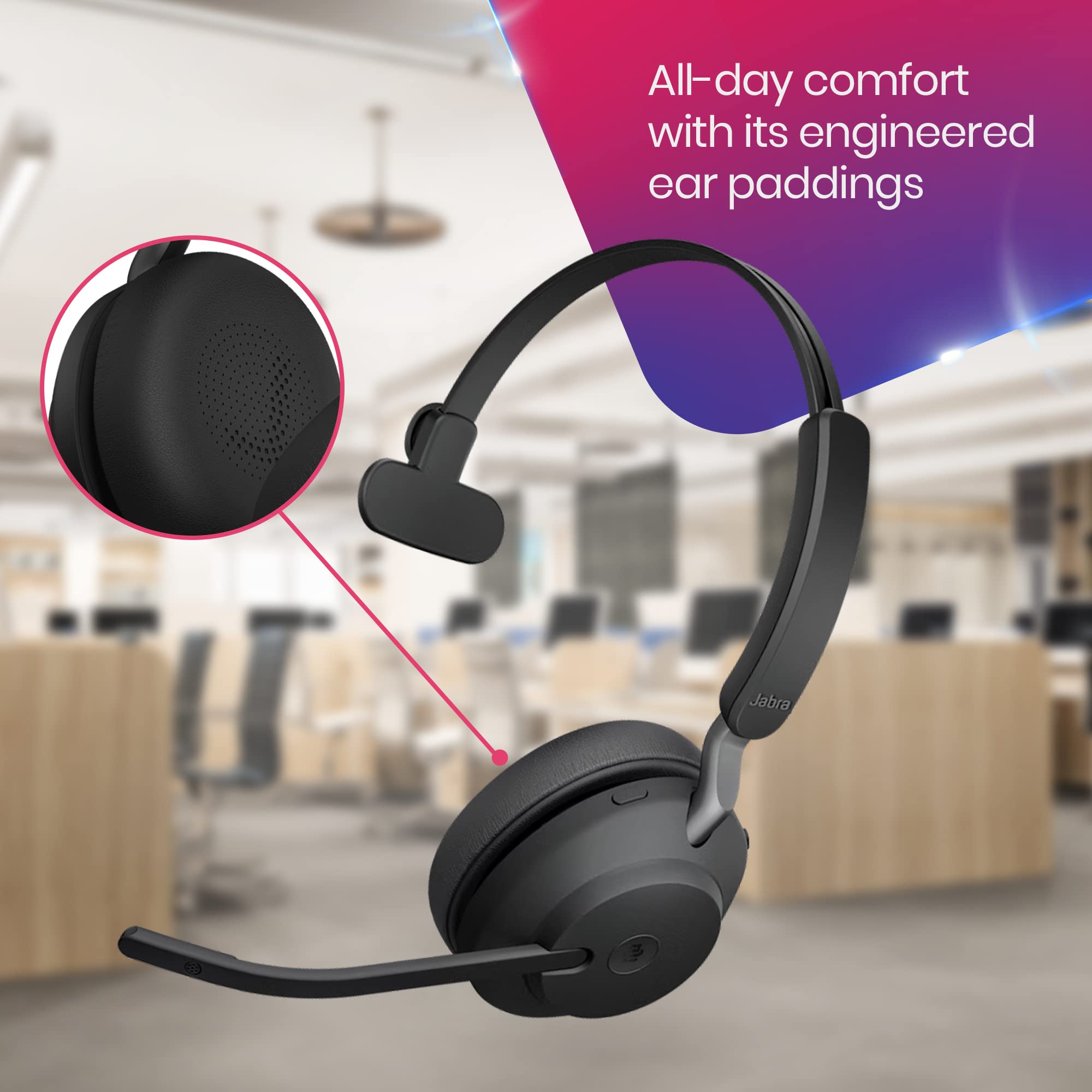 Jabra Evolve2 65 Wireless Bluetooth Headset with Charging Stand - Noise Cancelling Office Headphones for Teams, Zoom, PC & Mobile Calls - Includes USB Dongle & Global Tech Support - Perfect for Remote Work, Video Meetings & Business Communication