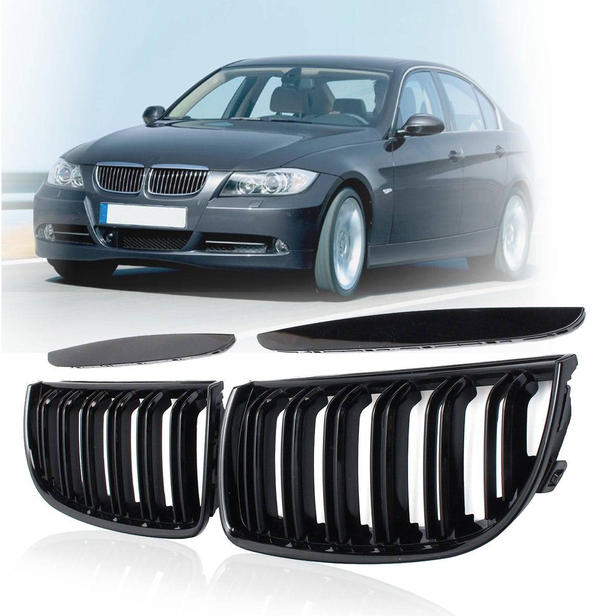 2006-2008 BMW 3 Series Sedan E90 Double Slat Glossy Black Kidney Grille Pair - Upgrade Your Car's Front Grille for Enhanced Style & Performance