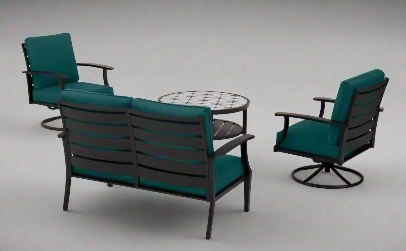 4-Piece Swivel Outdoor Metal Patio Furniture Set - Loveseat, 2 Chairs & Coffee Table - Durable Weather-Resistant Garden Seating for Backyard, Poolside or Deck - SKU: 820756
