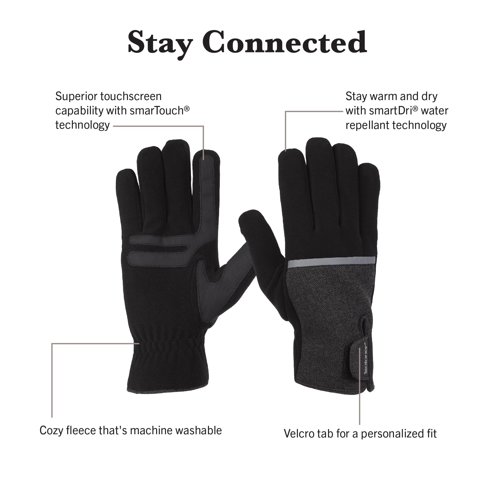 Isotoner Men's Tech Stretch Gloves with Velcro Closure - Touchscreen Compatible Winter Gloves for Driving, Running & Outdoor Activities