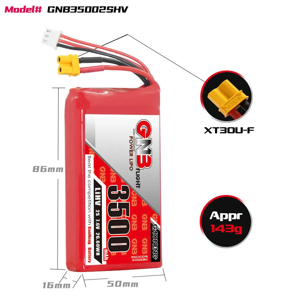 GNB 3500mAh 7.6V 2S LiPo LiHv Rechargeable Battery with XT30 Plug - Compatible with FrSky ACCST Q X7 Transmitter Remote Controller - Perfect for RC Drones, Airplanes, and FPV Racing