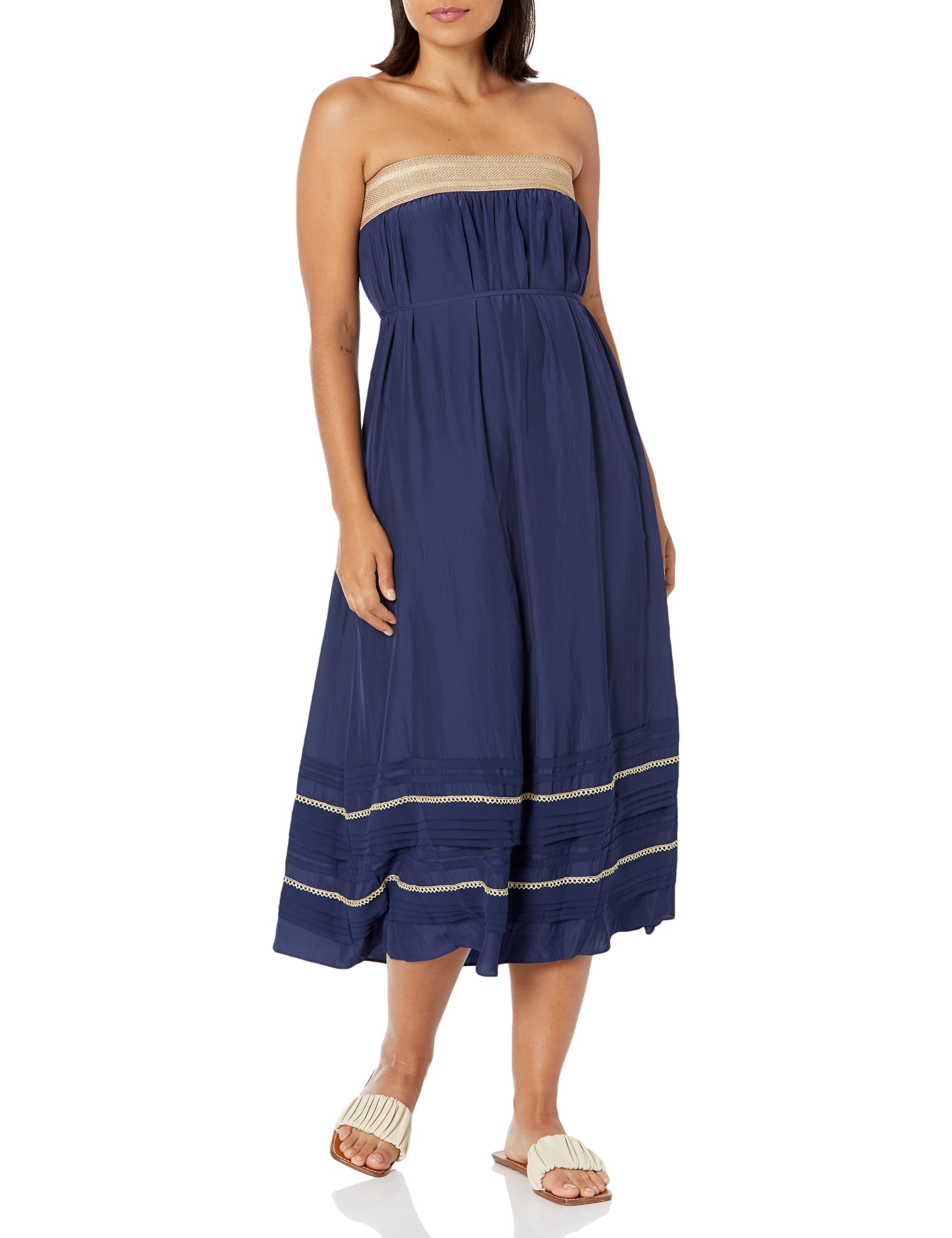 Ramy Brook Women's Strapless Gold Trim Julia Dress - Elegant Evening Gown for Weddings, Parties & Special Occasions