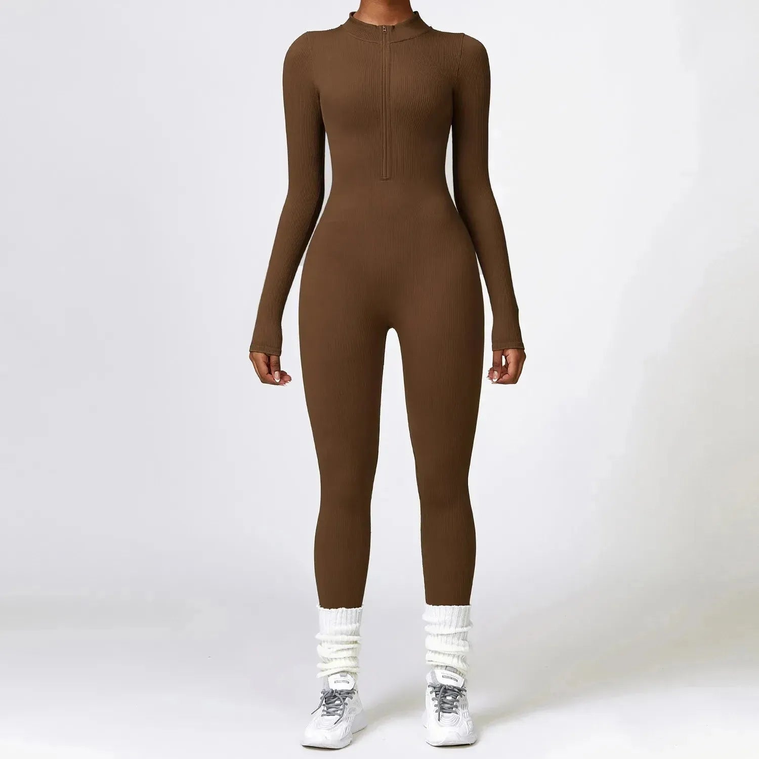 Women's Ribbed Jumpsuit One Piece with Zipper - Long Sleeve Yoga Outfit, Gym Push Up Workout Clothes, Fitness Bodysuit & Sportswear Tracksuit for Yoga, Running, Gym & Casual Wear