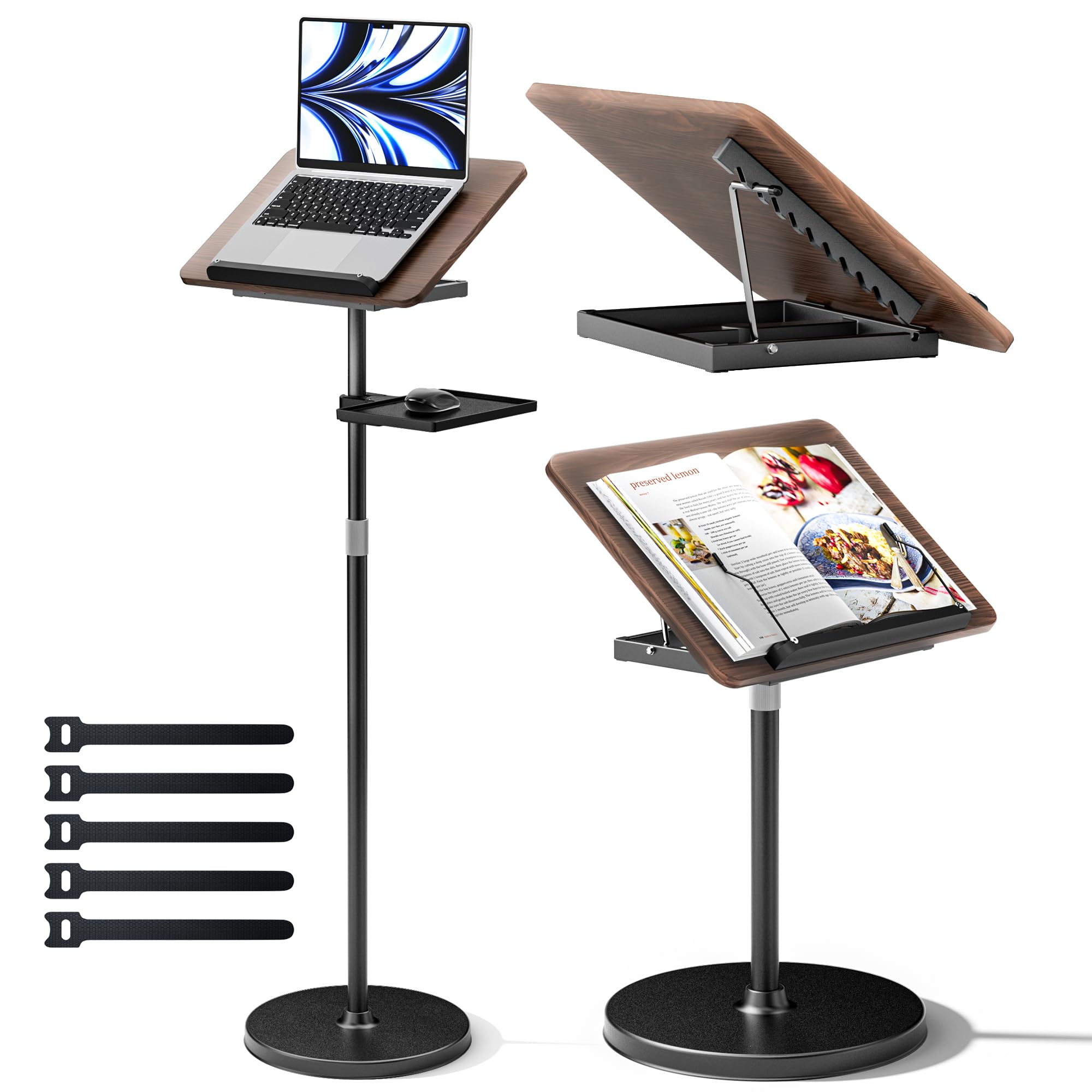 2 in 1 Adjustable Book Stand - Dual-Use Floor & Desktop Book Holder for Reading, Cooking & Work, Height Adjustable 23.5-52 inches, Elastic Page Clips for Music Sheets, Recipes, Tablets & Laptops - Black | Perfect for Home Office, Kitchen & Music Practice