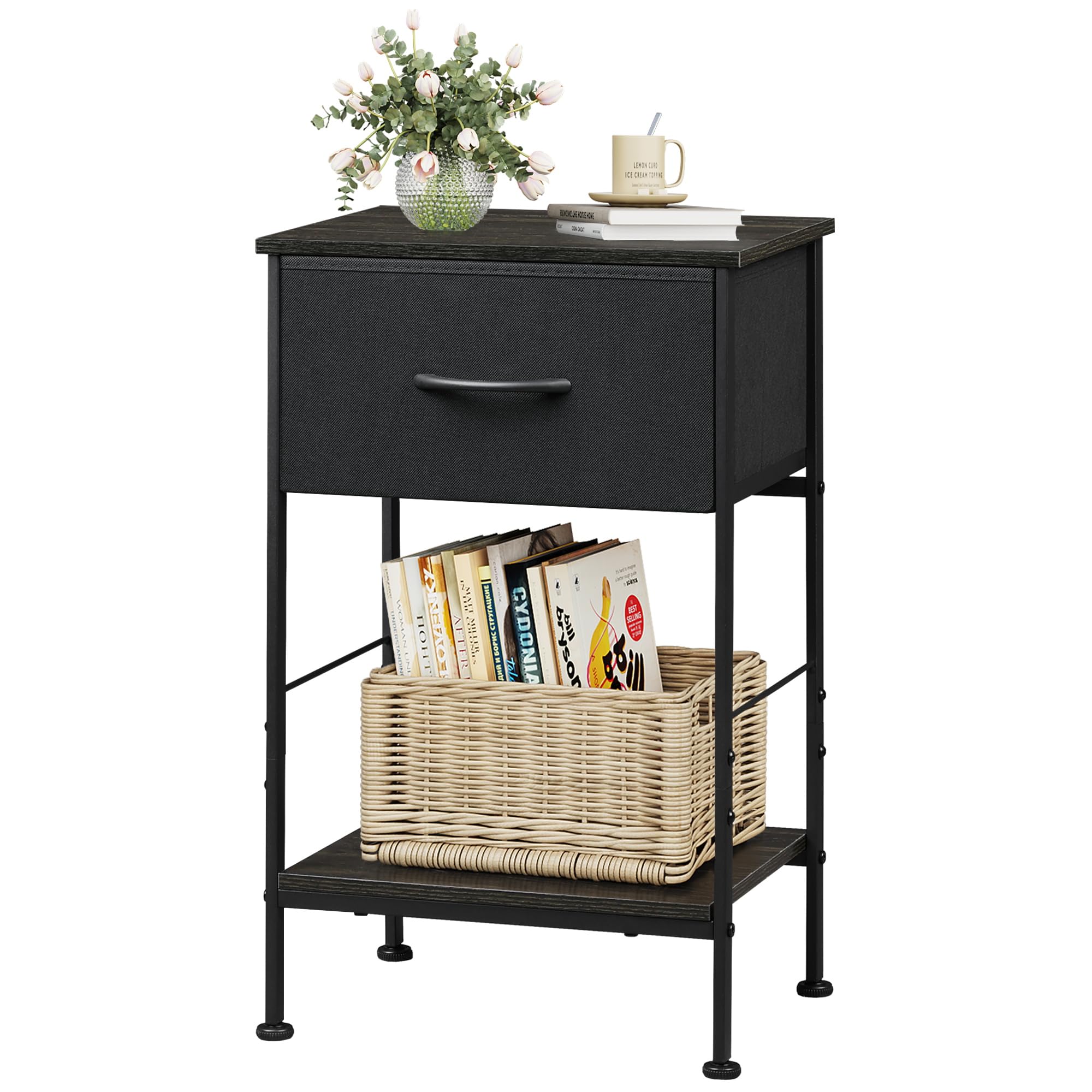WLIVE Black Nightstand with Fabric Storage Drawer & Open Wood Shelf - Modern Bedside Table for Bedroom, Dorm, Entryway - 25.03
