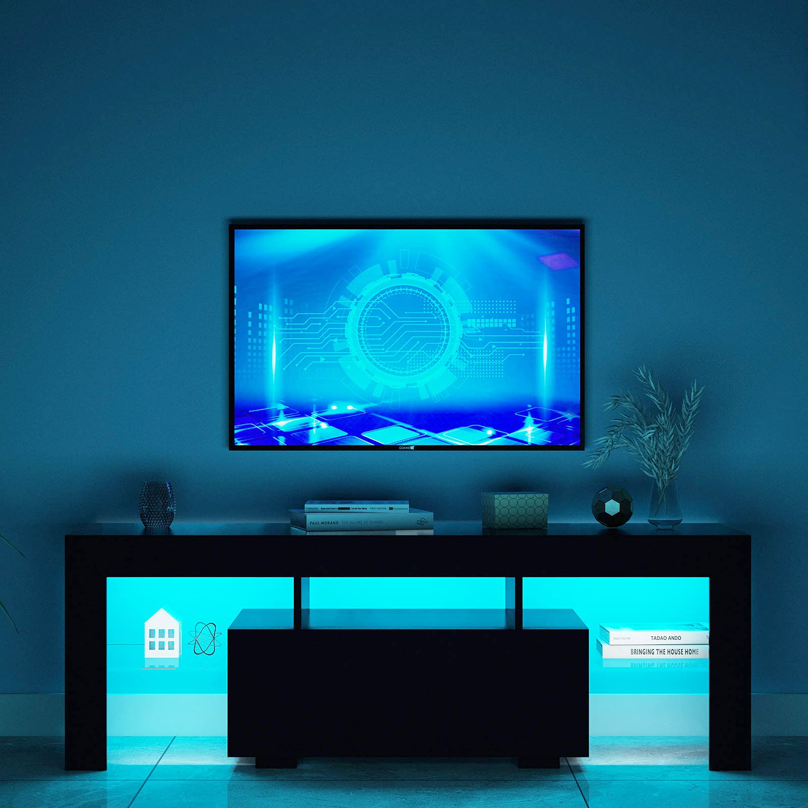 WERSMT Black TV Stand with LED Lights, Modern High-Gloss Entertainment Center for 55-60 Inch TVs - 2 Glass Open Shelves & Storage Drawer | Perfect for Living Room, Bedroom & Home Theater Setup