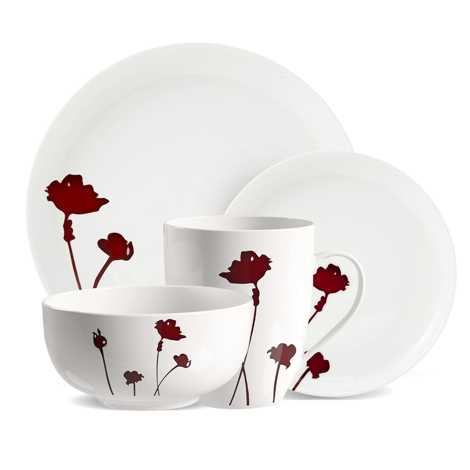 Safdie & Co. - 16-Piece Scarlet Dinnerware Set with Plates, Bowls & Mugs | Modern Dishwasher Safe Kitchen & Dining Tableware for Indoor & Outdoor Use | Perfect for Family Dinners, Parties, and Everyday Meals
