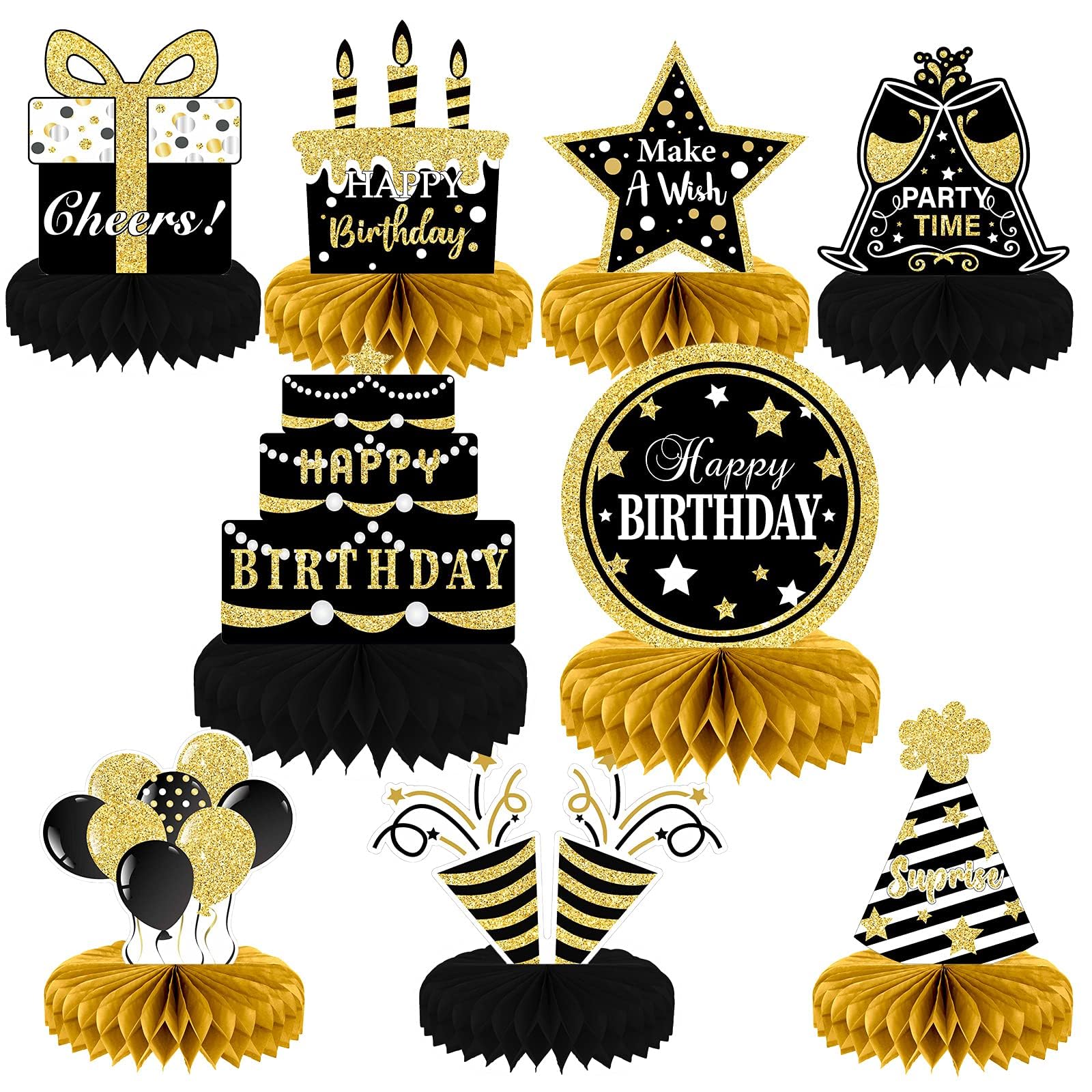 9-Piece Black & Gold Birthday Party Decor Set - Honeycomb Table Toppers, Centerpieces for Men & Women | Perfect for Adult Birthday Celebrations, Anniversary Parties & Special Event Decorations