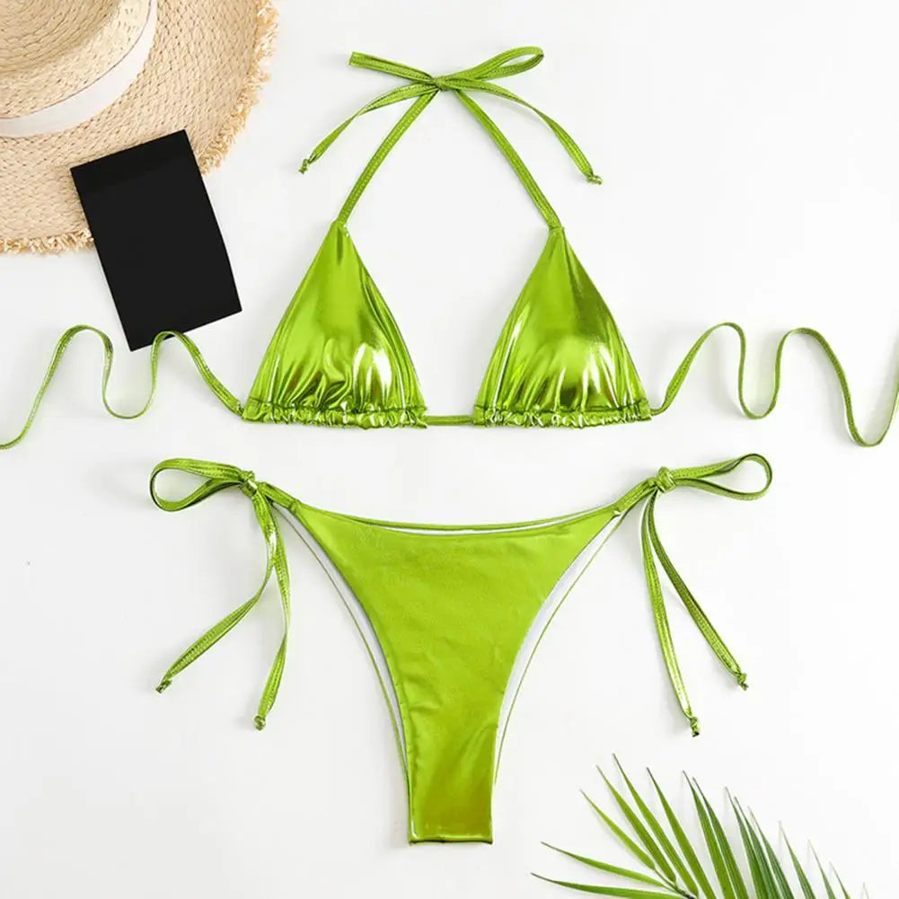 Sexy Gold Halter Lace Up Bikini Set for Women - 2 Piece Swimwear with Beach Cover Up | Perfect for Pool Parties, Beach Vacations & Summer Getaways