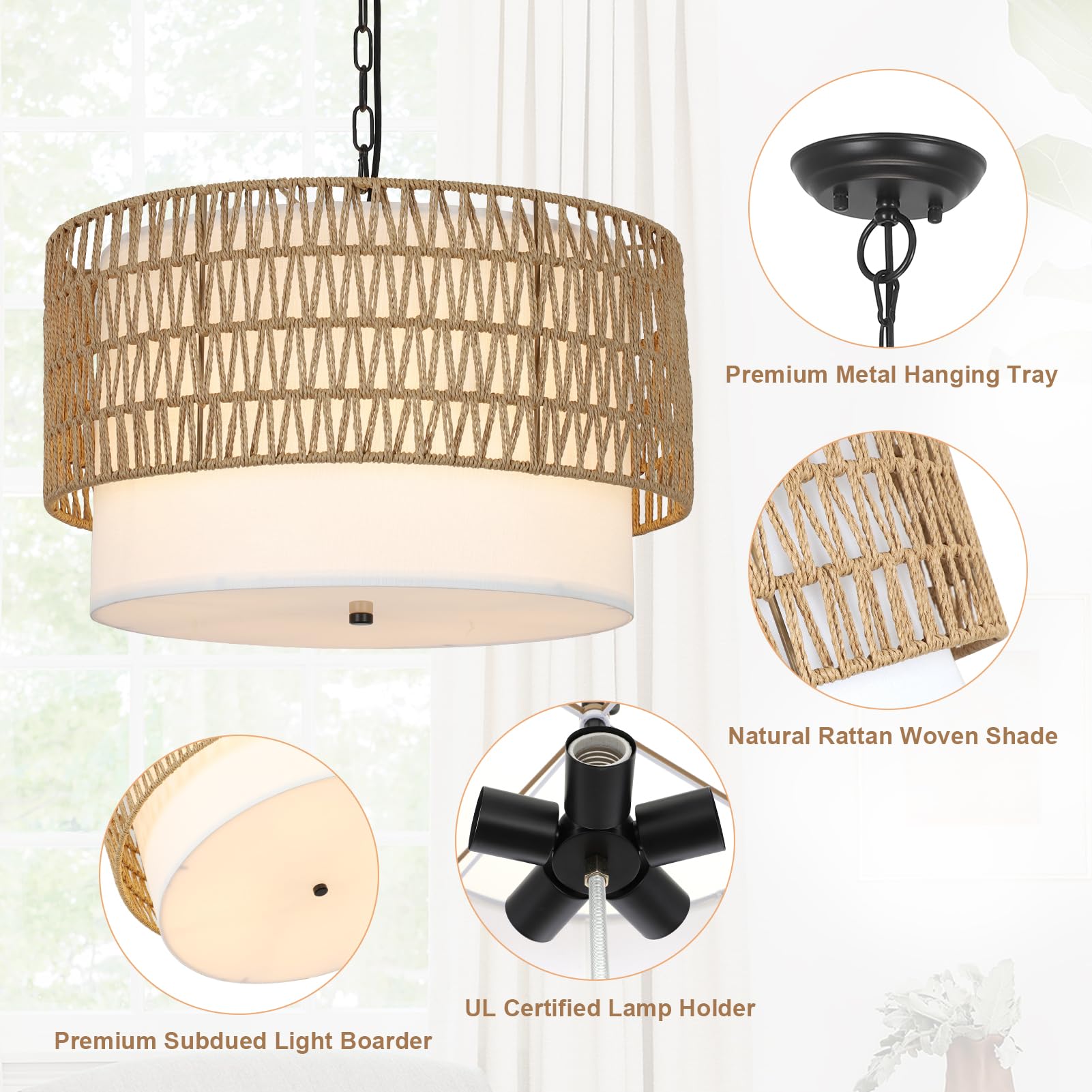 5-Light Farmhouse Chandelier - Handwoven Rattan Boho Pendant Light with Fabric Shade for Dining Room, Kitchen, Bedroom & Hallway | Rustic Ceiling Lighting Fixture for Home Decor & Island