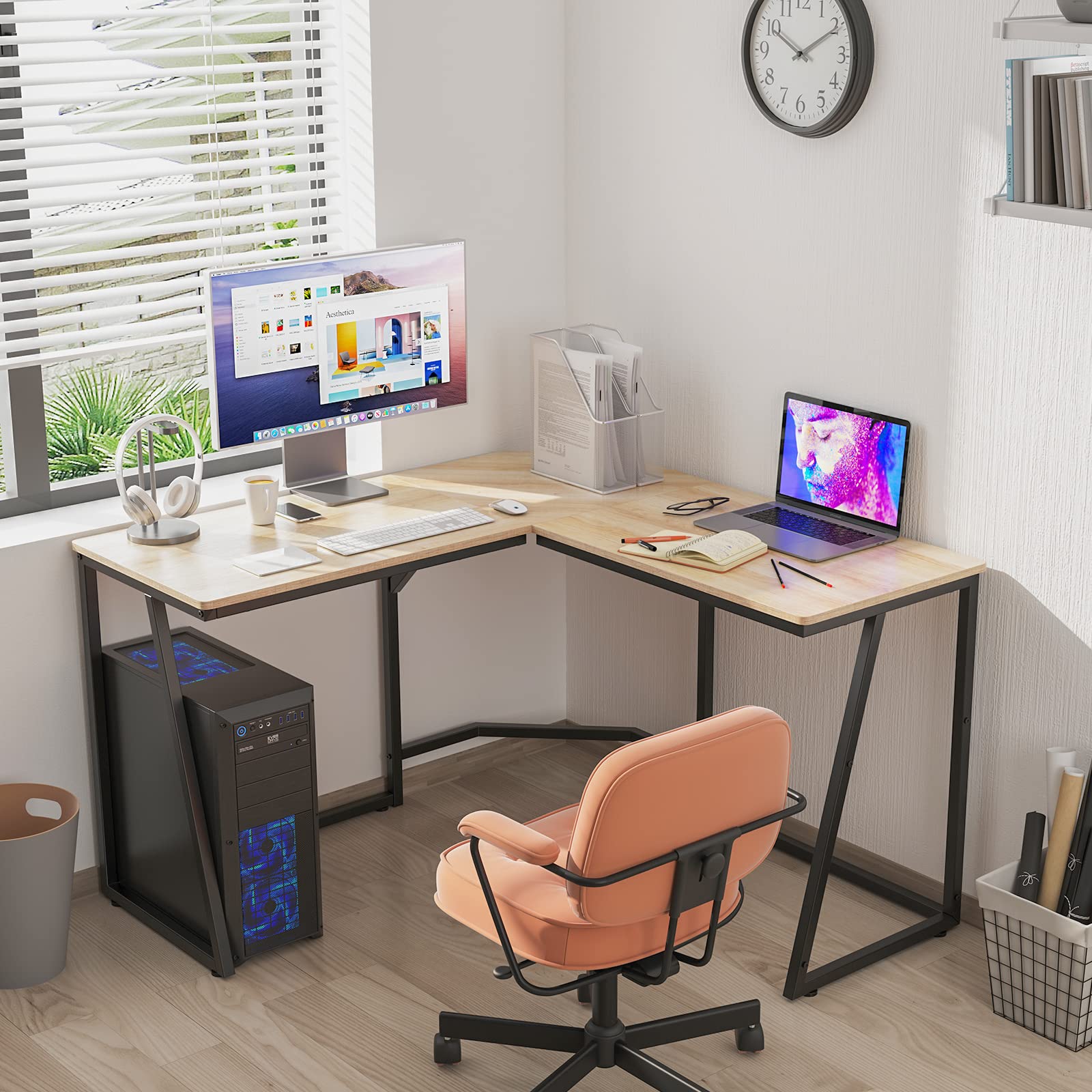 Soges 55.1 Inch L-Shaped Corner Computer Desk - Home Office Gaming & Study Workstation - Ergonomic Writing Desk for Small Spaces (Oak Finish) | Perfect for PC Setup, Remote Work & Online Classes