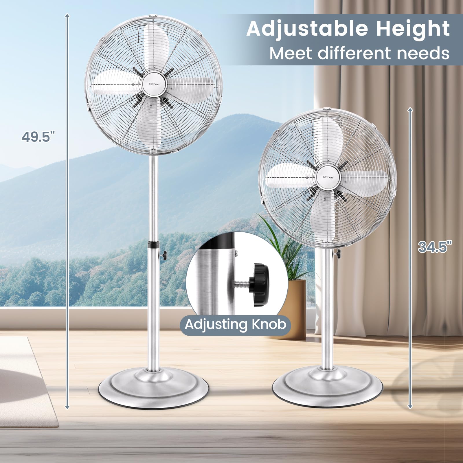 COSTWAY 16-inch High Velocity Metal Pedestal Fan - Quiet Standing Fan with 75° Oscillation, 3 Speed Settings & Height Adjustable Design - 4 Blade Floor Fan for Bedroom, Home Office & Shop (Silver) | Perfect for Cooling Large Rooms & Workspaces