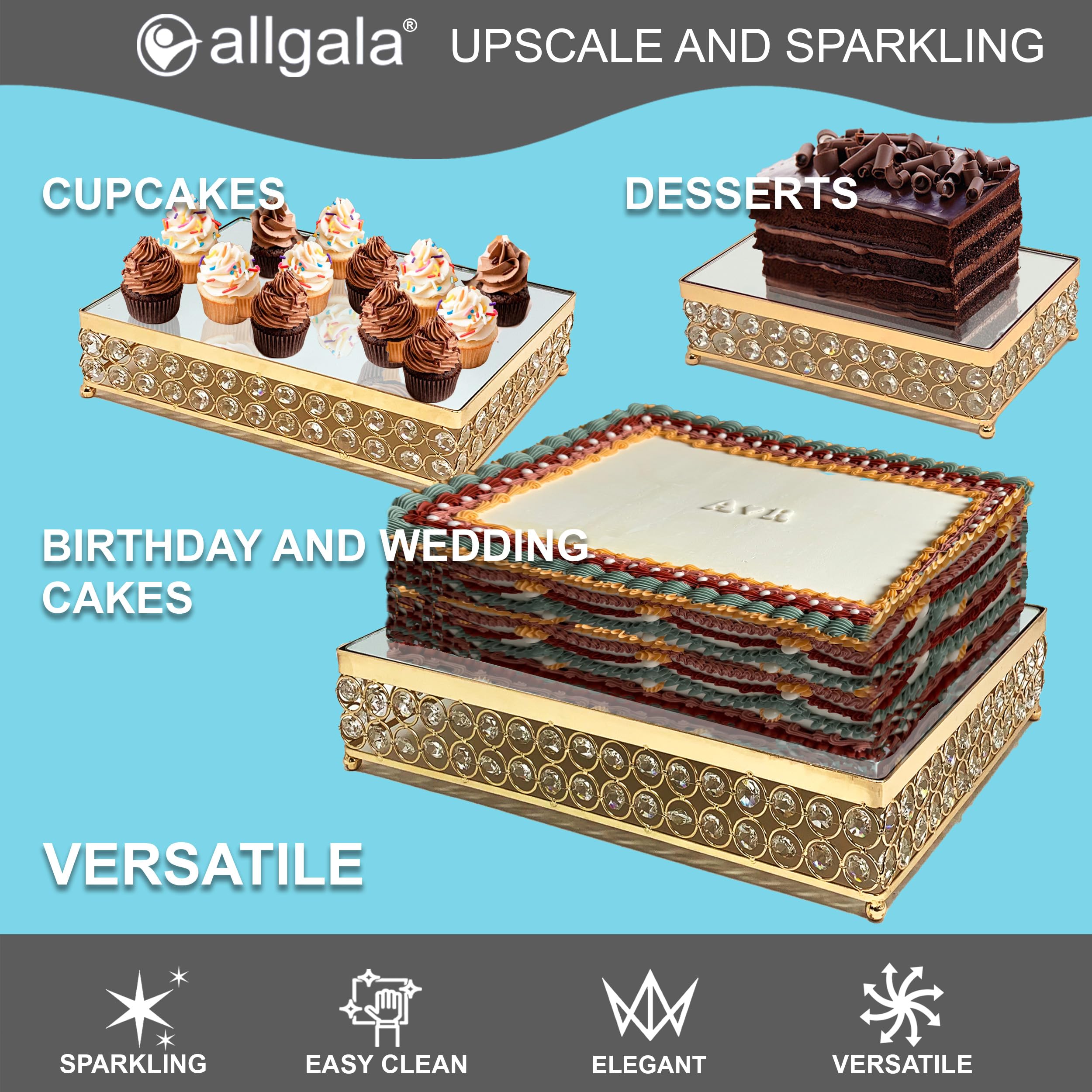 Allgala 3-Piece Gold Plated Crystal Wedding Cake Stand Set with Mirror Plate - Elegant Rectangle Dessert Display for Weddings, Birthdays & Special Events (Model HD89203)
