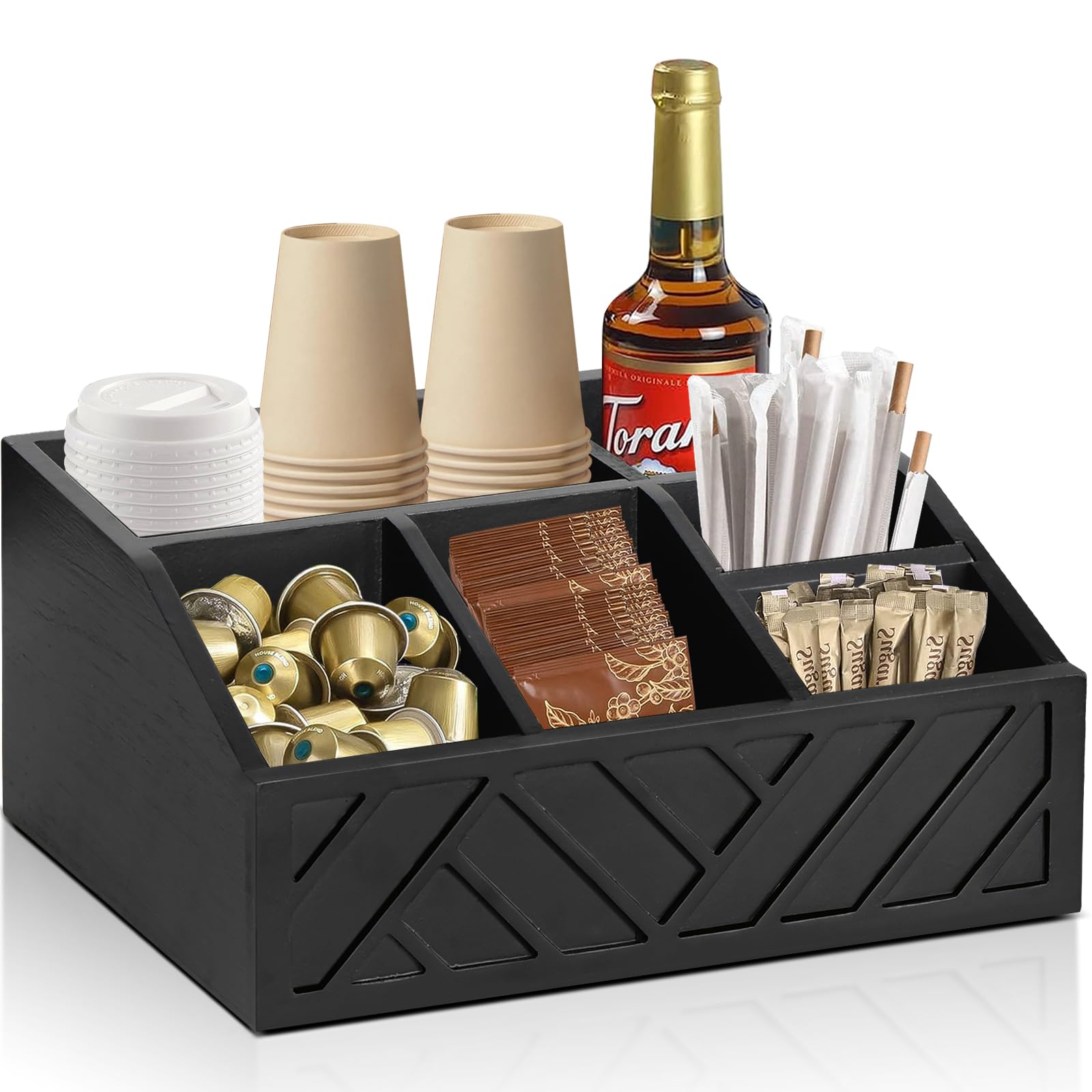 Wooden Coffee Pod Holder & Organizer Set - Coffee Bar Accessories for Keurig K-Cups & Syrups - Black - Perfect for Home Kitchen, Office Breakroom & Coffee Station Decor