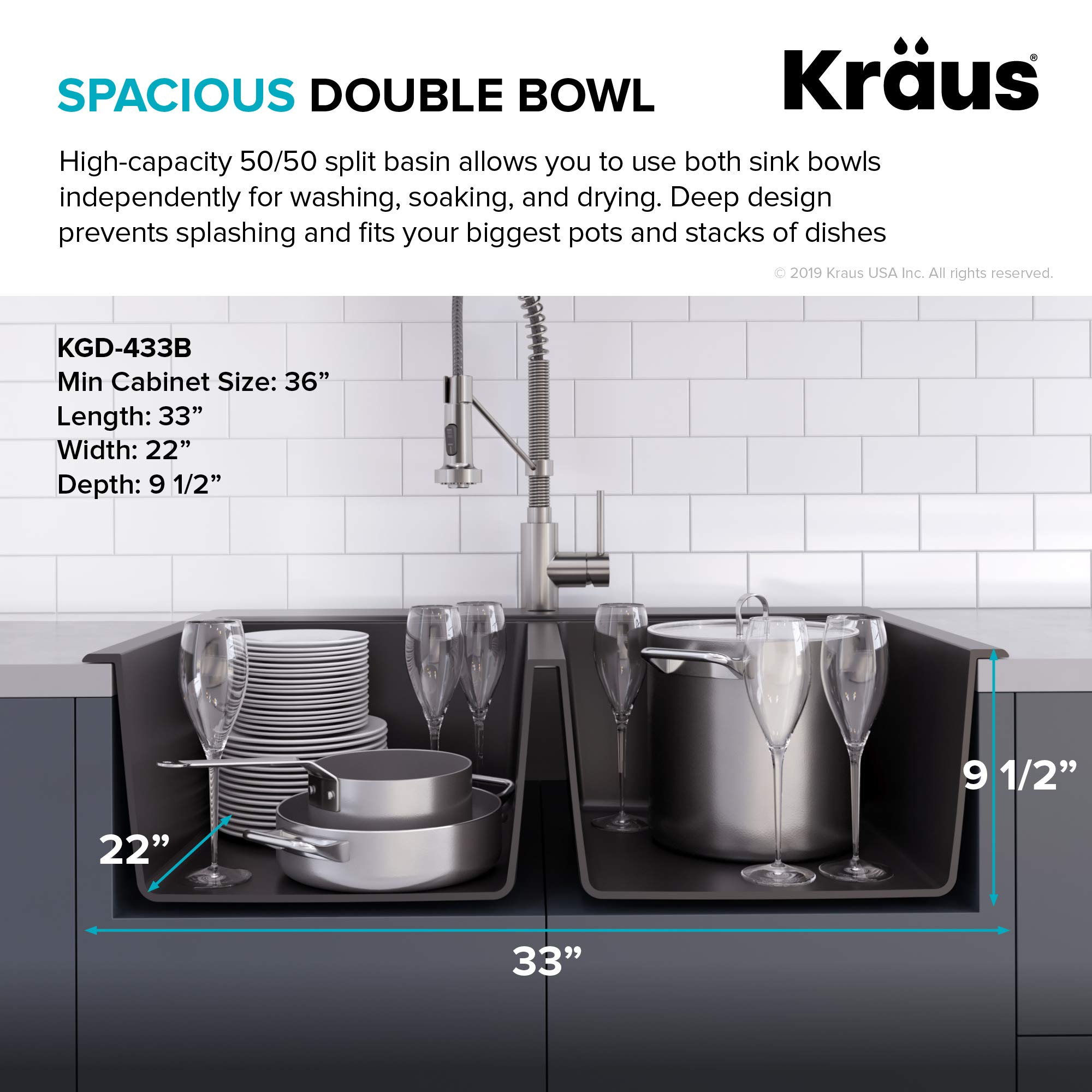 KRAUS 33-Inch Black Onyx Granite Double Bowl Kitchen Sink - Top Mount & Undermount Installation with WasteGuard™ Garbage Disposal (Model KGD-433B-100-75MB) - Perfect for Modern Kitchens, Restaurant Prep Areas & Busy Households
