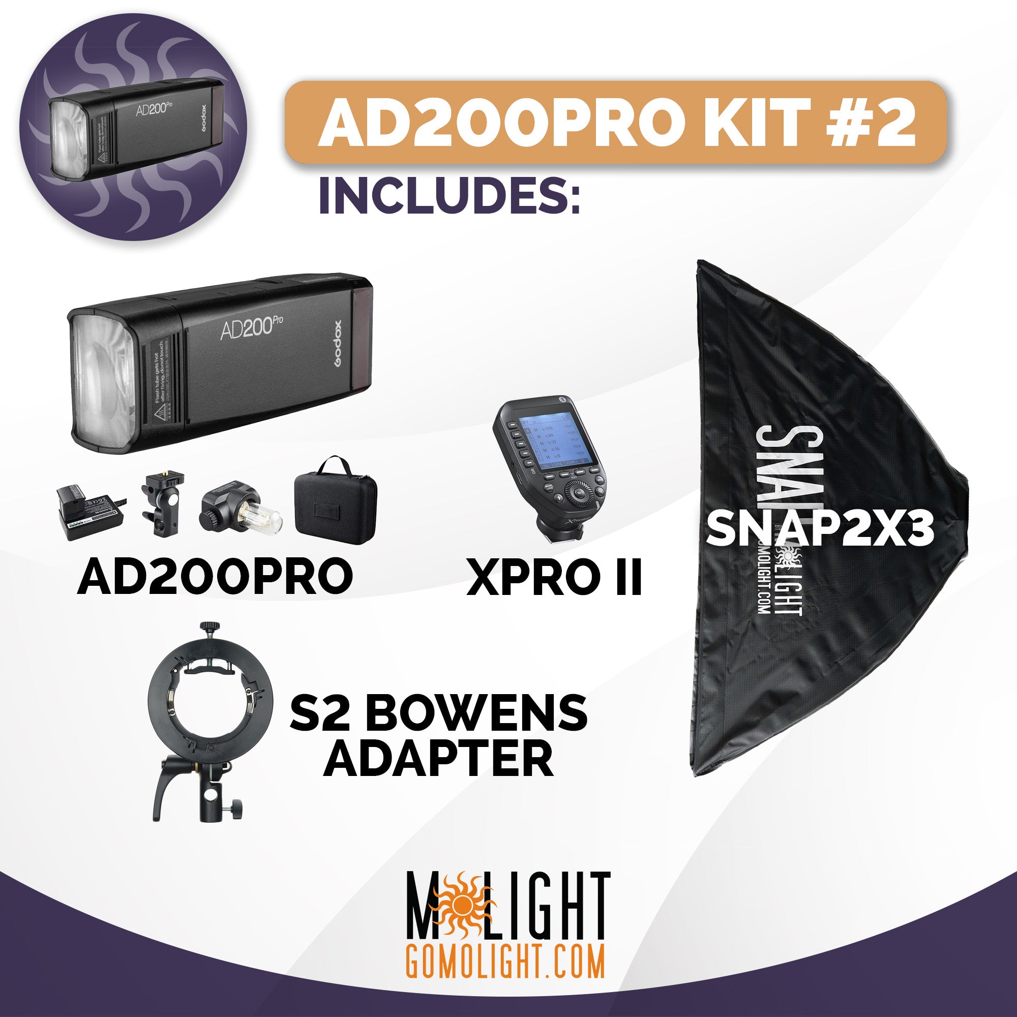AD200Pro Flash Kit #2 with SNAP2x3 Softbox - Professional Studio Lighting for Portrait, Product & Fashion Photography | Perfect for Indoor & Outdoor Shooting