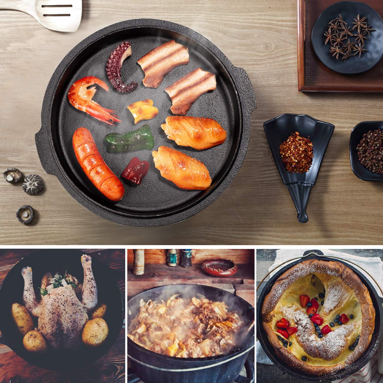 Overmont 9QT Pre-Seasoned Cast Iron Dutch Oven with Lid - Camping, BBQ & Baking Essential - Multi-Functional Skillet & Casserole Pot - Includes Lid Lifter - Perfect for Outdoor Cooking, Backpacking & Family Gatherings