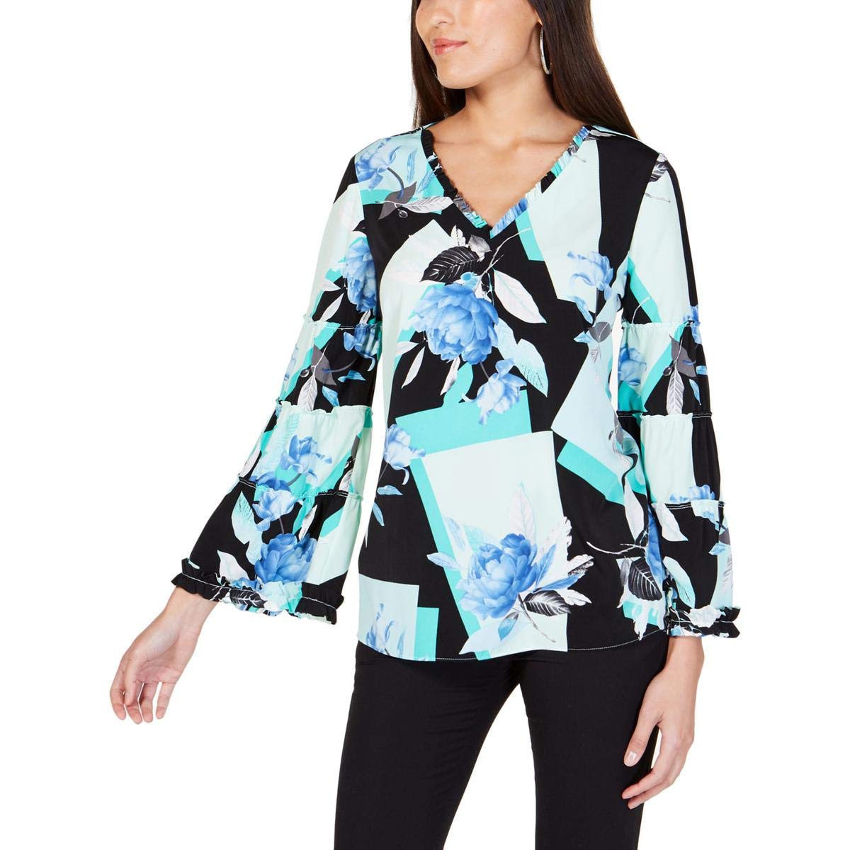 Alfani Women's Floral Print Bell Sleeve Blouse - Elegant Flowy Top for Work, Date Night & Special Occasions