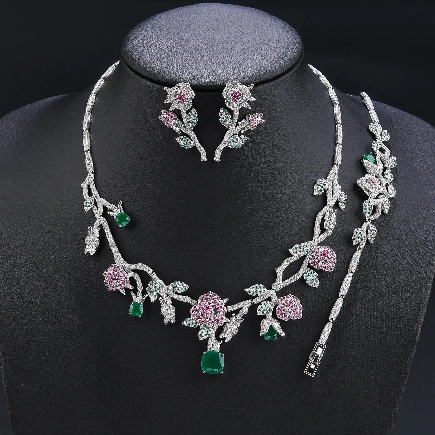 Luxury 3-Piece Cubic Zirconia Rose Flower Jewelry Set - Necklace, Earrings & Bracelet for Women | Bridal Wedding Party Accessories | Perfect for Anniversary, Valentine's Day & Special Occasions