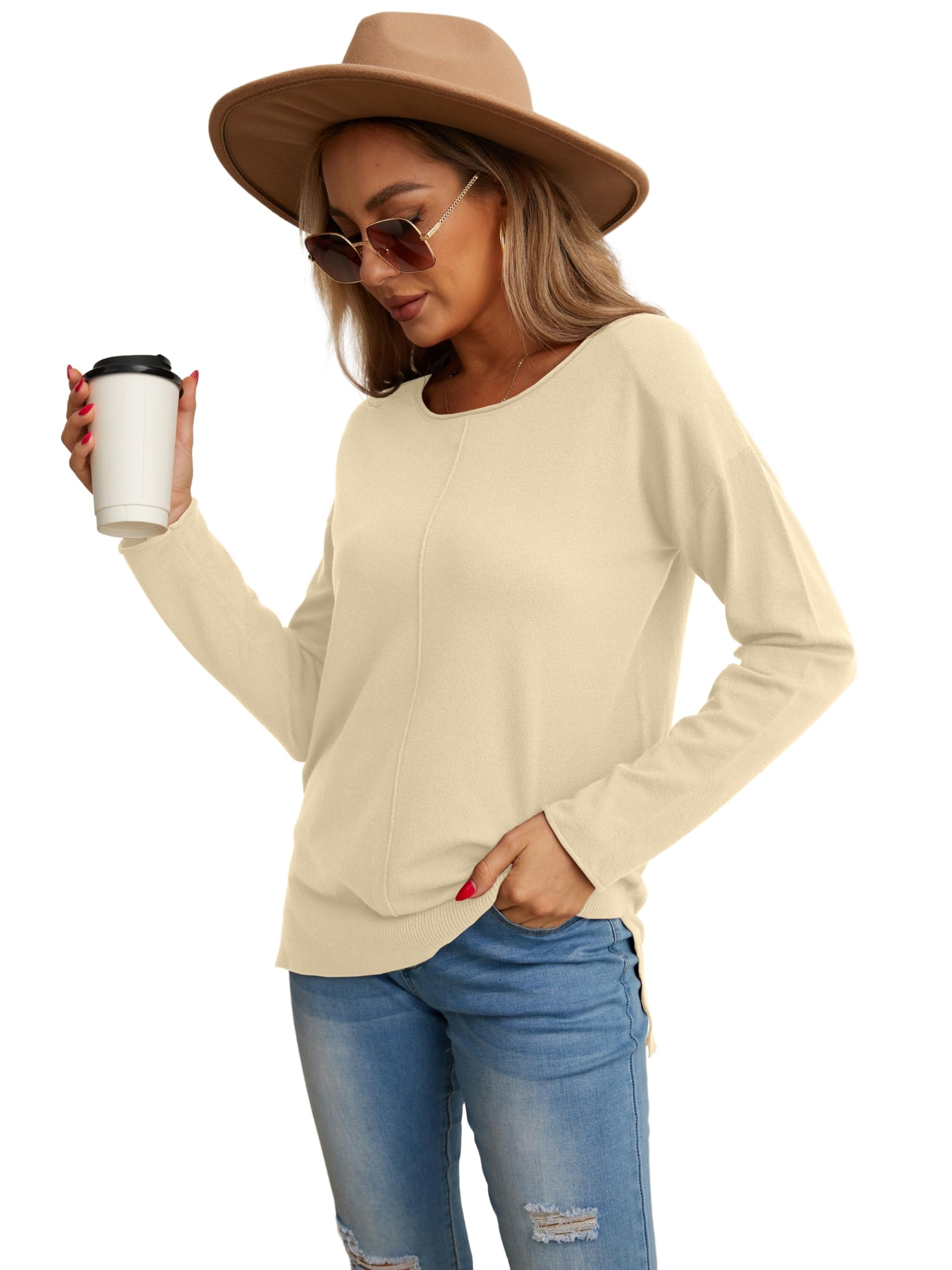 GRECERELLE Women's Lightweight Knit Pullover - Soft Long Sleeve Crewneck Sweater for Casual Wear