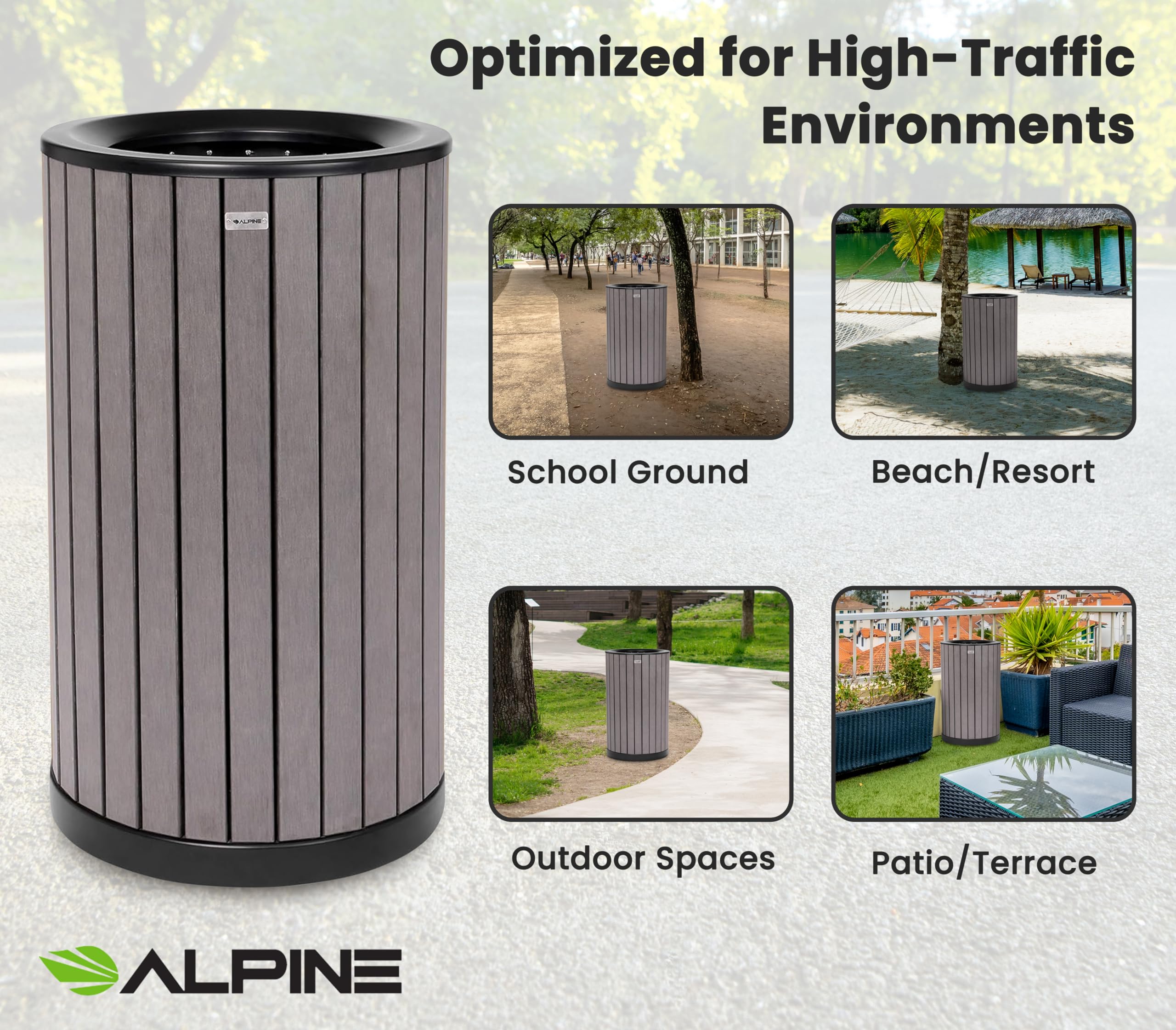 32 Gallon Heavy Duty Commercial Outdoor Trash Can - Durable Industrial Garbage Bin with Plastic Panels for Patio, Parks, Trails & Resorts - Flat Lid Grey - Perfect for High Traffic Areas, Campgrounds & Public Spaces