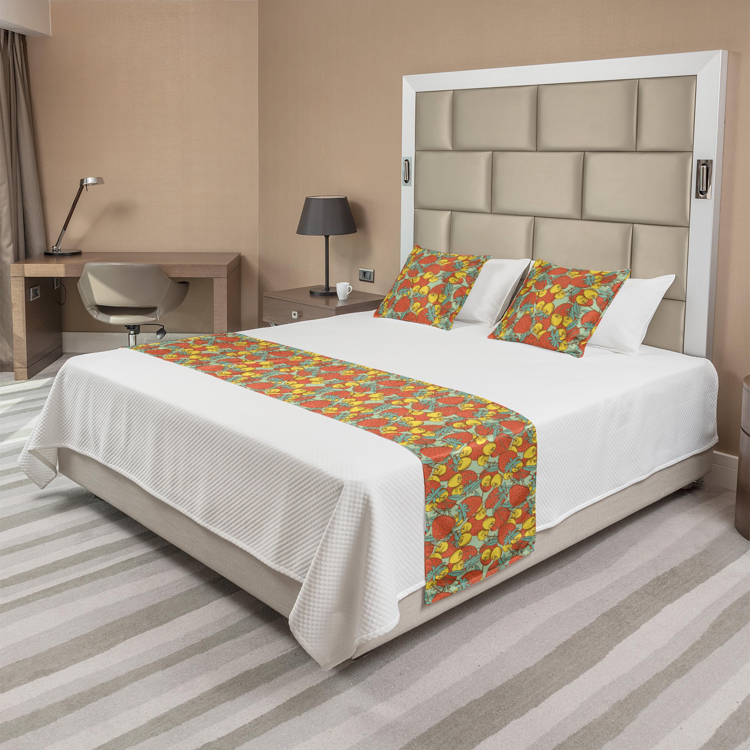 Ambesonne Vintage Summer Fruit Bed Runner Set with Cherry & Strawberry Pattern - King Size Decorative Bedding Scarf & 2 Pillow Shams for Hotels & Homes - Perfect for Bedroom Decor, Guest Room Styling & Seasonal Home Refresh