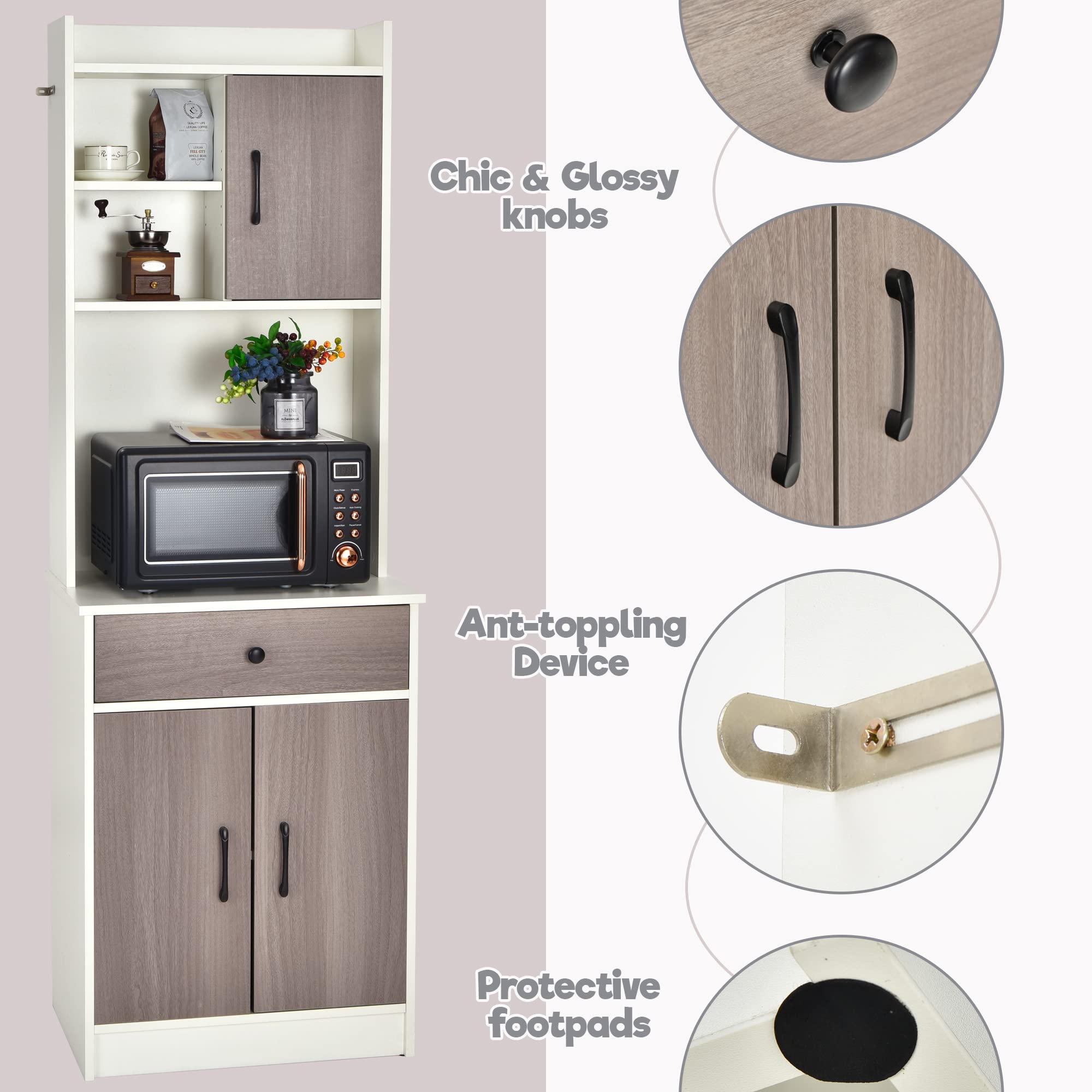 LOKO White Kitchen Pantry Storage Cabinet with Hutch, Doors & Shelves - Compact Microwave Stand & Drawers - 24