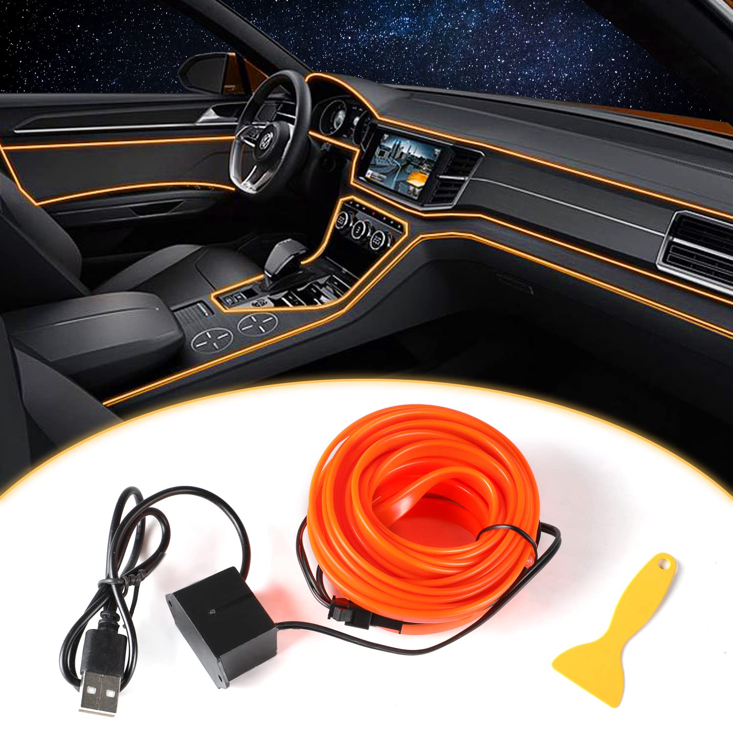 EL Wire Interior LED Strip Lights for Car - USB Neon Glowing Strobing Electroluminescent Wire with 6mm Sewing Edge | Orange Car Interior Lighting for Dashboard, Doors & Parties | Perfect for Night Driving & Custom Vehicle Decoration
