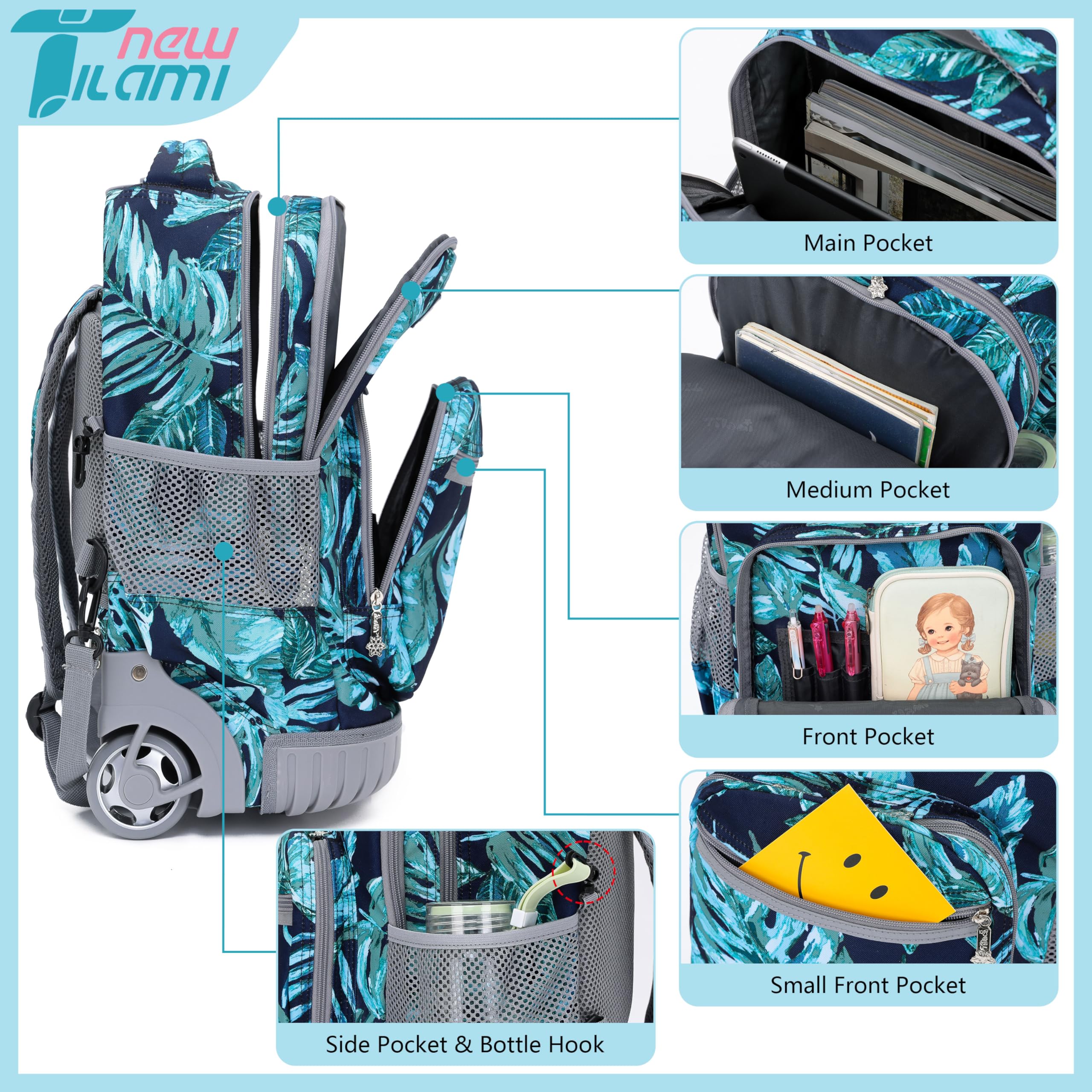 TILAMI 18 Inch Rolling Backpack for Kids - Wheeled Laptop Backpack with Handle, Durable School Backpack for Travel, College & Airplane Carry-On (Ideal for Students, Commuters & Business Trips)