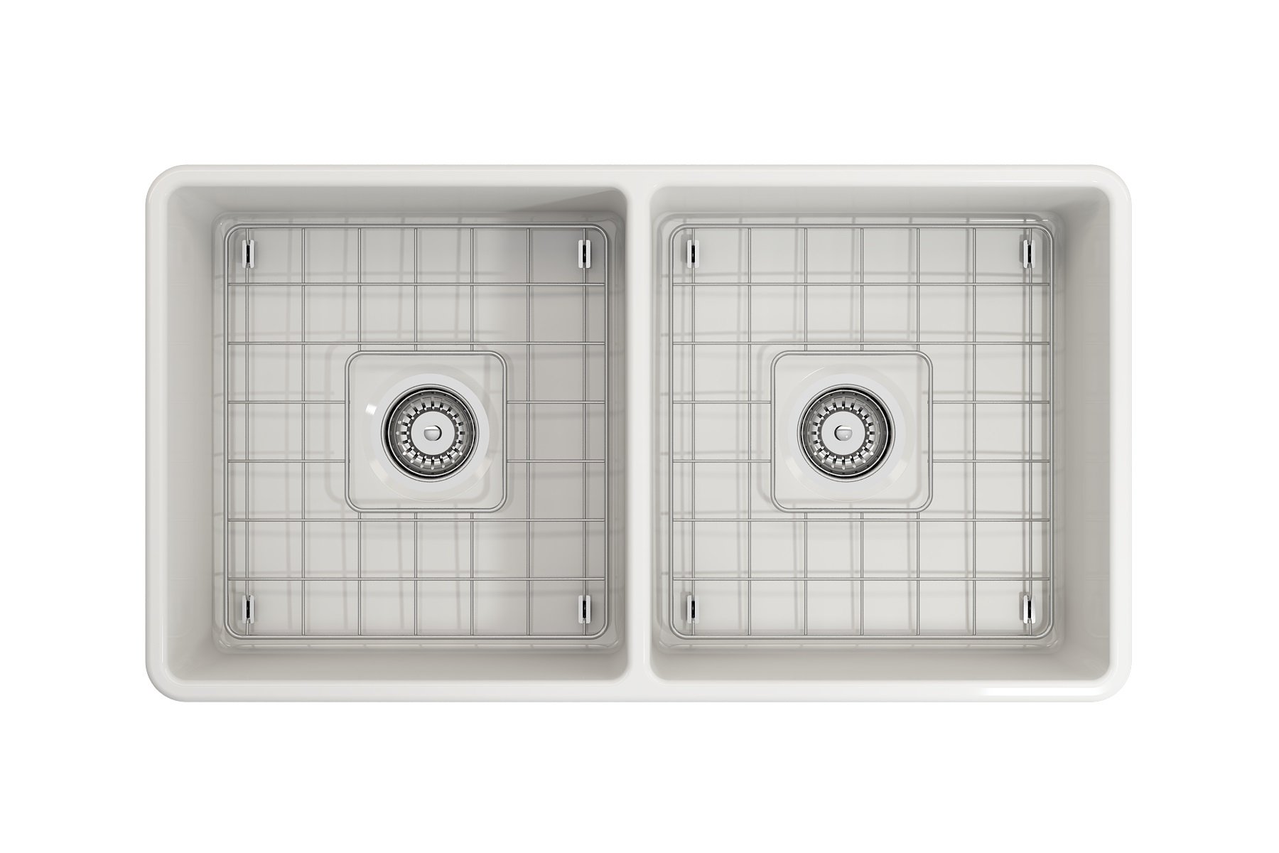 BOCCHI Classico White Apron Front Fireclay 33-inch Double Bowl Kitchen Sink with Protective Bottom Grid, Drain Strainers & Chrome Faucet - Perfect for Farmhouse Style Kitchens, Heavy-Duty Cooking & Dishwashing