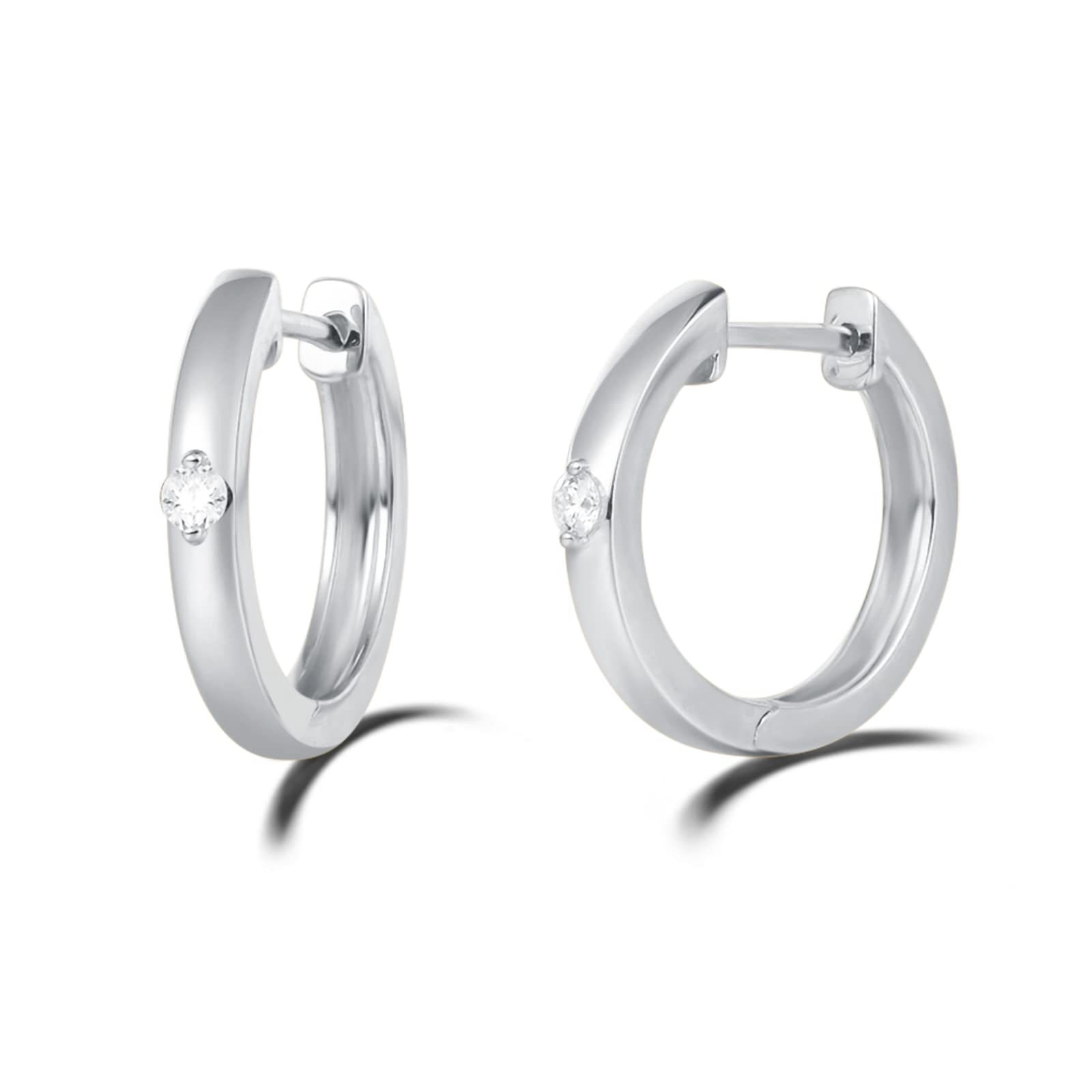 14K White/Yellow Gold 0.10cttw Solitaire Diamond Huggie Hoop Earrings for Women - Dainty 14mm Small Hoops - Perfect for Everyday Wear, Gifts & Special Occasions