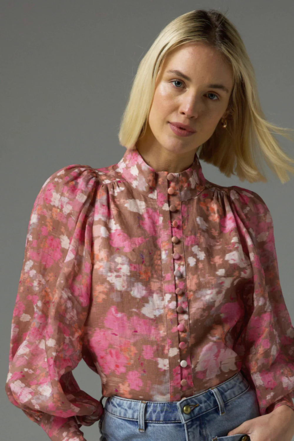 Atlas Blush Blur Long Sleeve Blouse with Front Buttons - Elegant Office Wear & Casual Outfit for Women