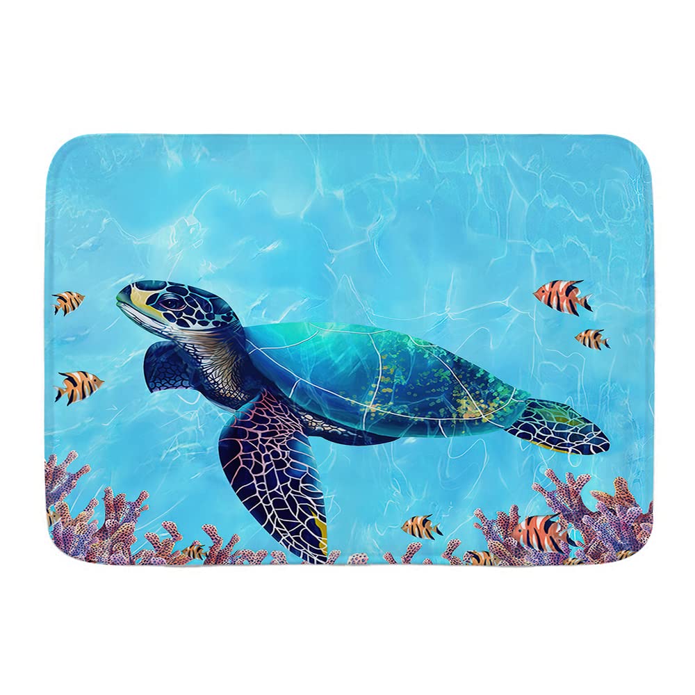 Non-Slip Sea Turtle Bath Mat - Blue Ocean Coral Reef Design, 29.5