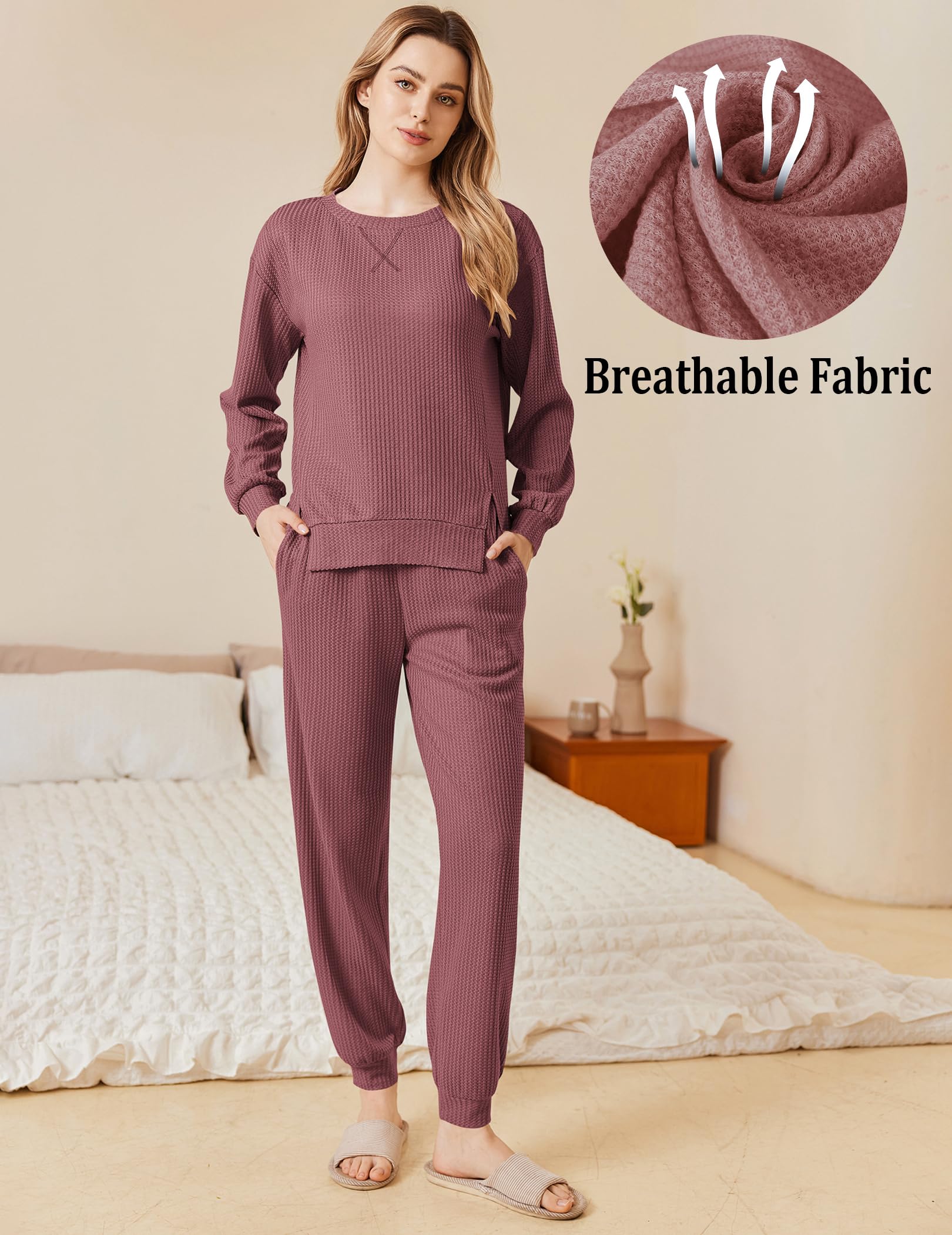 Ekouaer Women's Waffle Knit Lounge Set - Long Sleeve Pajama Set with Pockets, 2-Piece Outfit (Top & Pants) - Cozy Homewear for Relaxing, Sleeping & Lounging